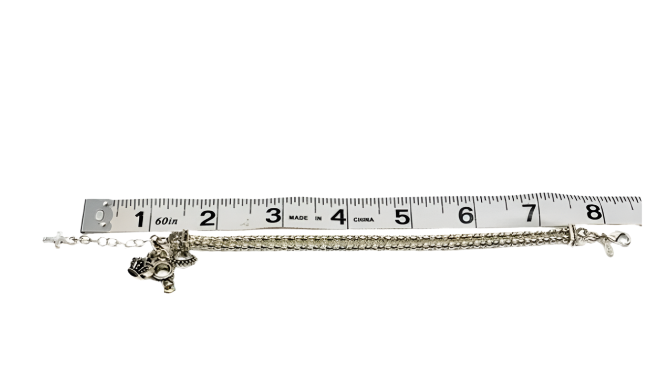 Premier Designs Charm Silver Tone Bracelet, Charms Dangling Hearts, Cross, Crown, Ring Charm with Crystal, Closes with Lobster Clasp