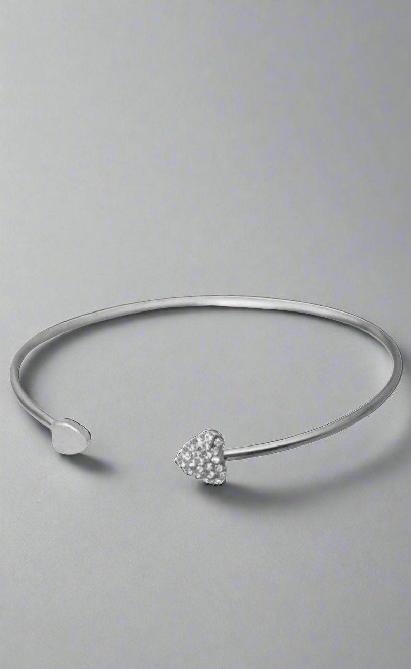 TINGN Stainless Steel Womens Cute CZ “Love” Tiny Crystal Heart, Open Cuff Bangle Bracelet