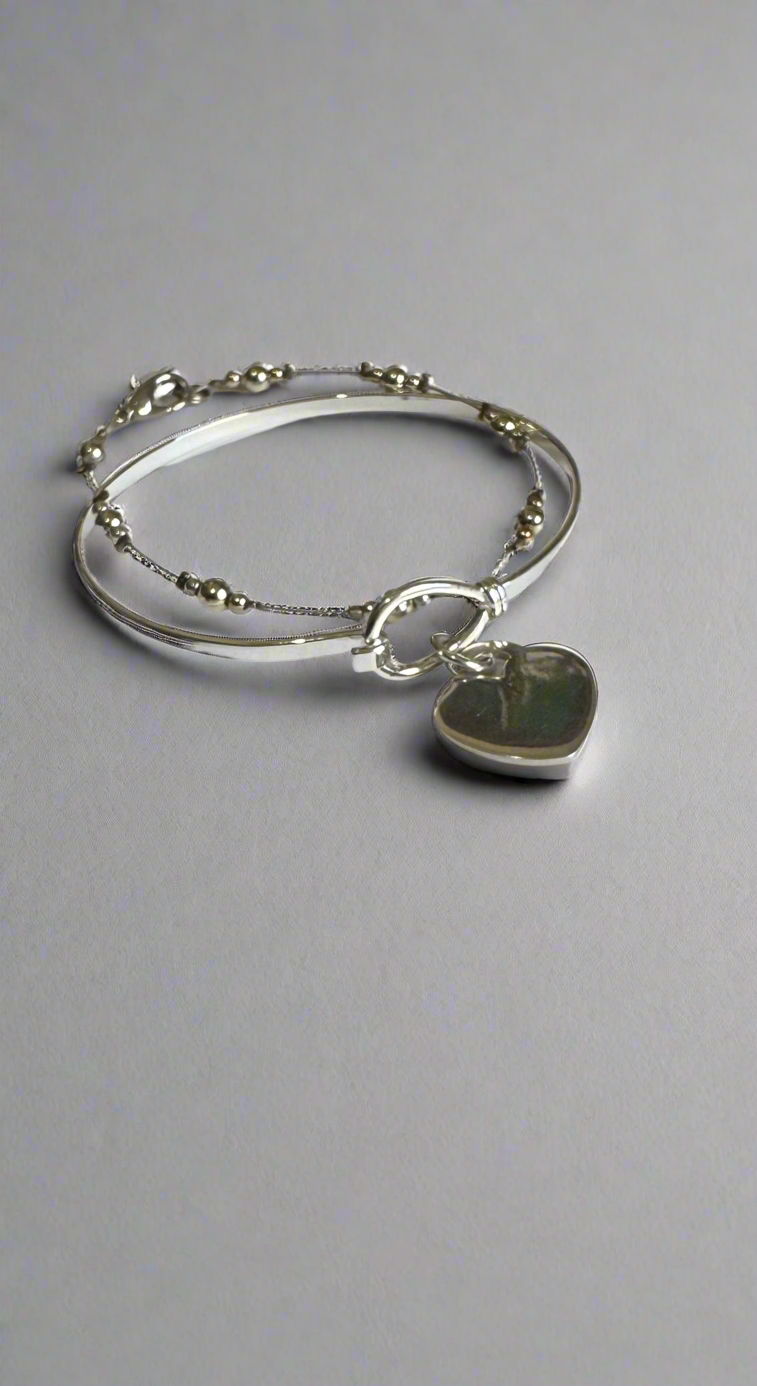 Sterling Silver Engravable Heart Charm on a Shiny Silver Finish Bangle Bracelet plus Bonus Beaded Bracelet