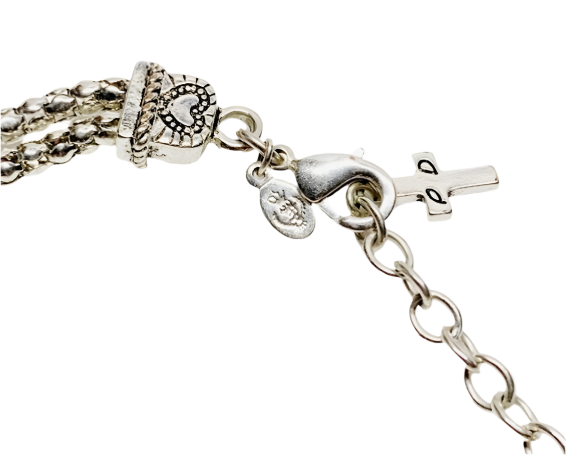 Premier Designs Charm Silver Tone Bracelet, Charms Dangling Hearts, Cross, Crown, Ring Charm with Crystal, Closes with Lobster Clasp