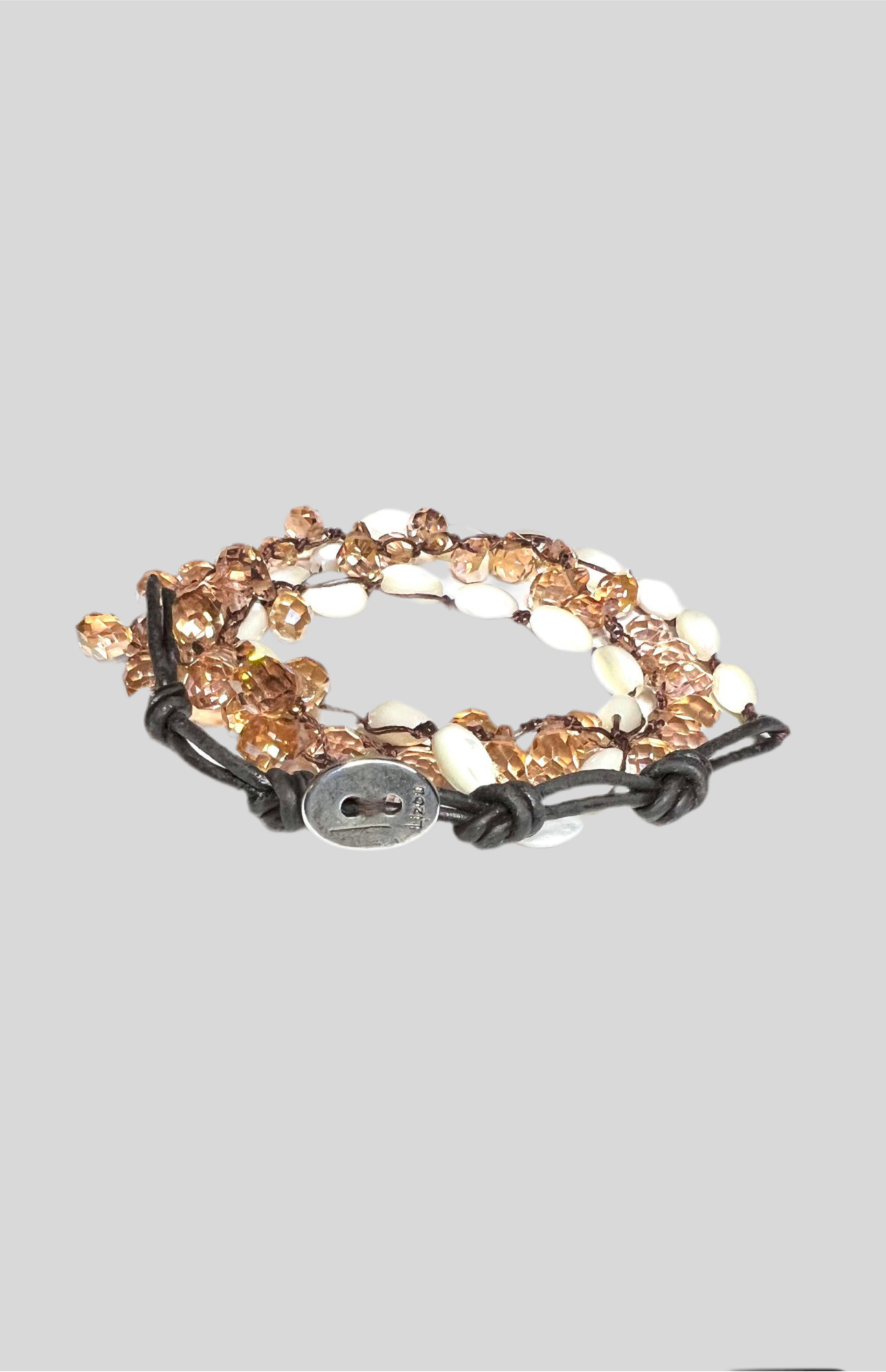 Lizou Collection - Leather, Crystal & Mother of Pearl Beaded 3 Times Wrap Bracelet, Gift for Her