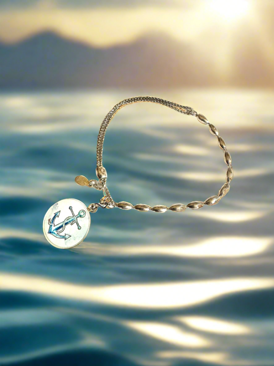Alex and Ani - Sterling Silver Anchor Charm with Sterling Silver Beads Pull Bracelet