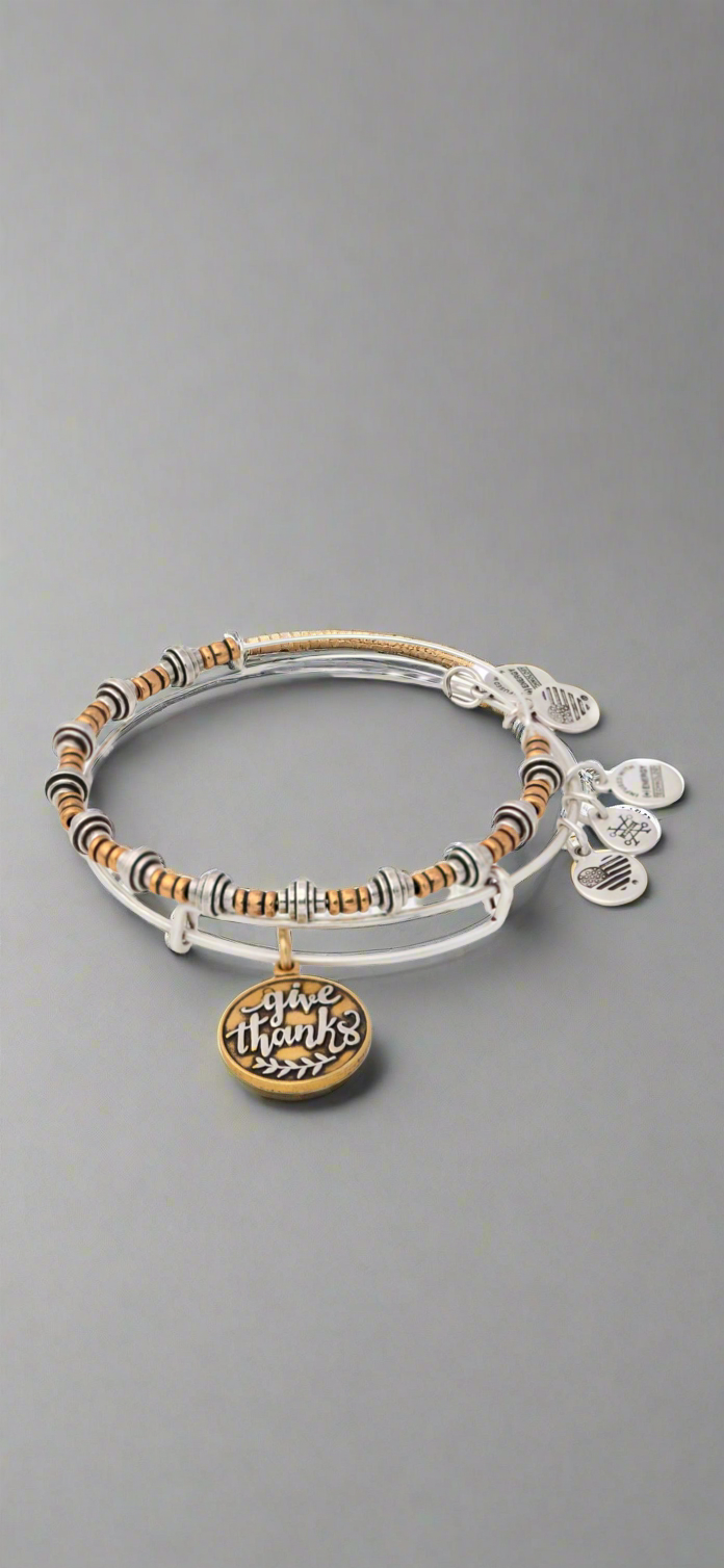 Alex And Ani - Give Thanks Set of 2 - Two Tone Charm Bangle Bracelets
