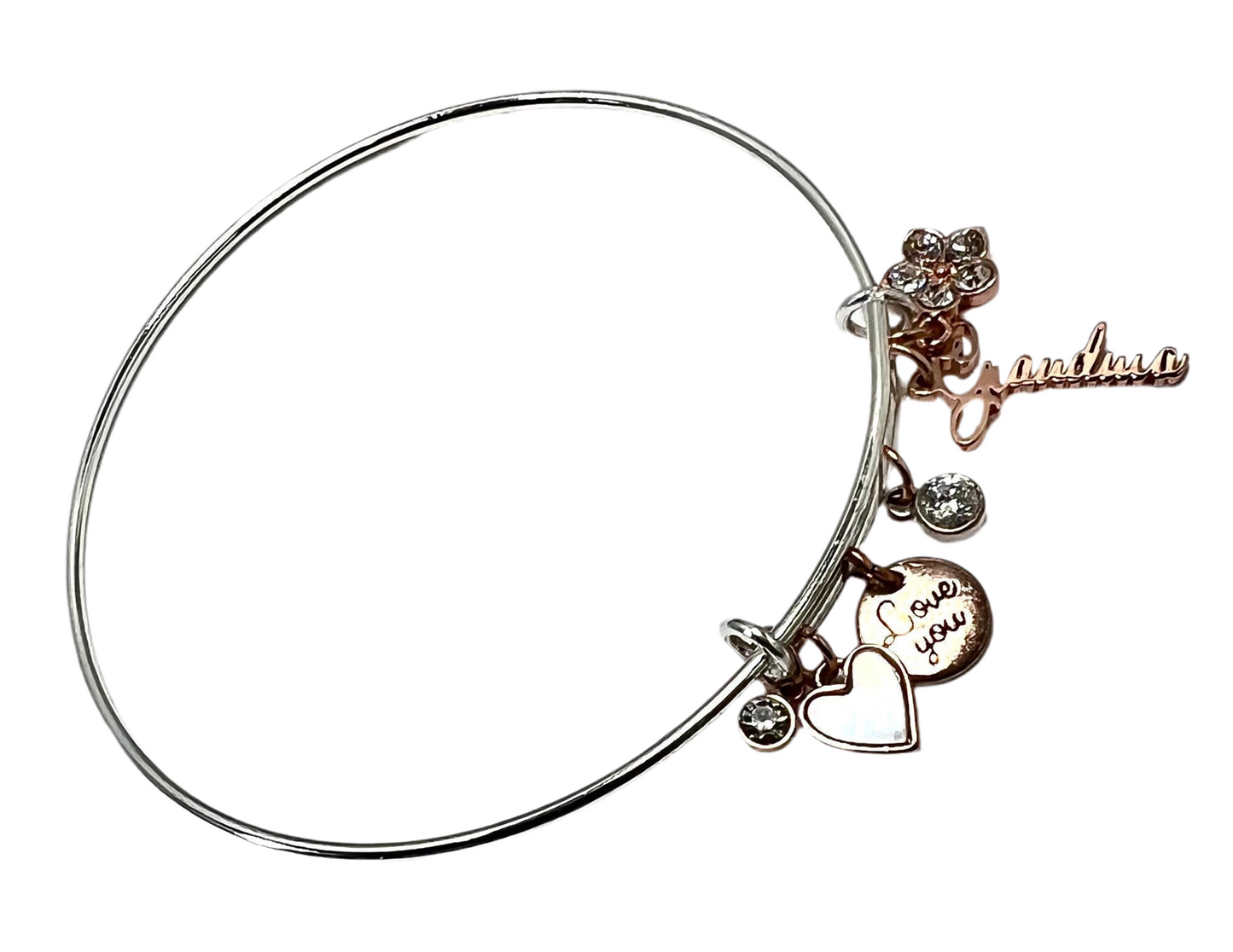 Stainless Steel "Grandma" Bangle with Mother of Pearl and Cubic Zirconia Charms - 6 Rose Gold Charms, Gift For Her