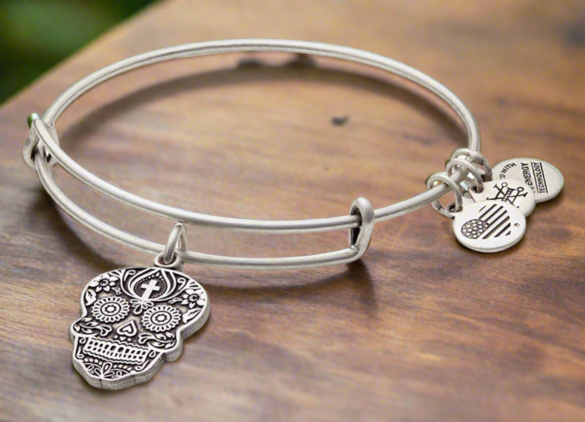 Alex and Ani - The Calavera Charm Rafaelian Gold/Silver Finish Bangle Bracelet, Dia De Los Muertos