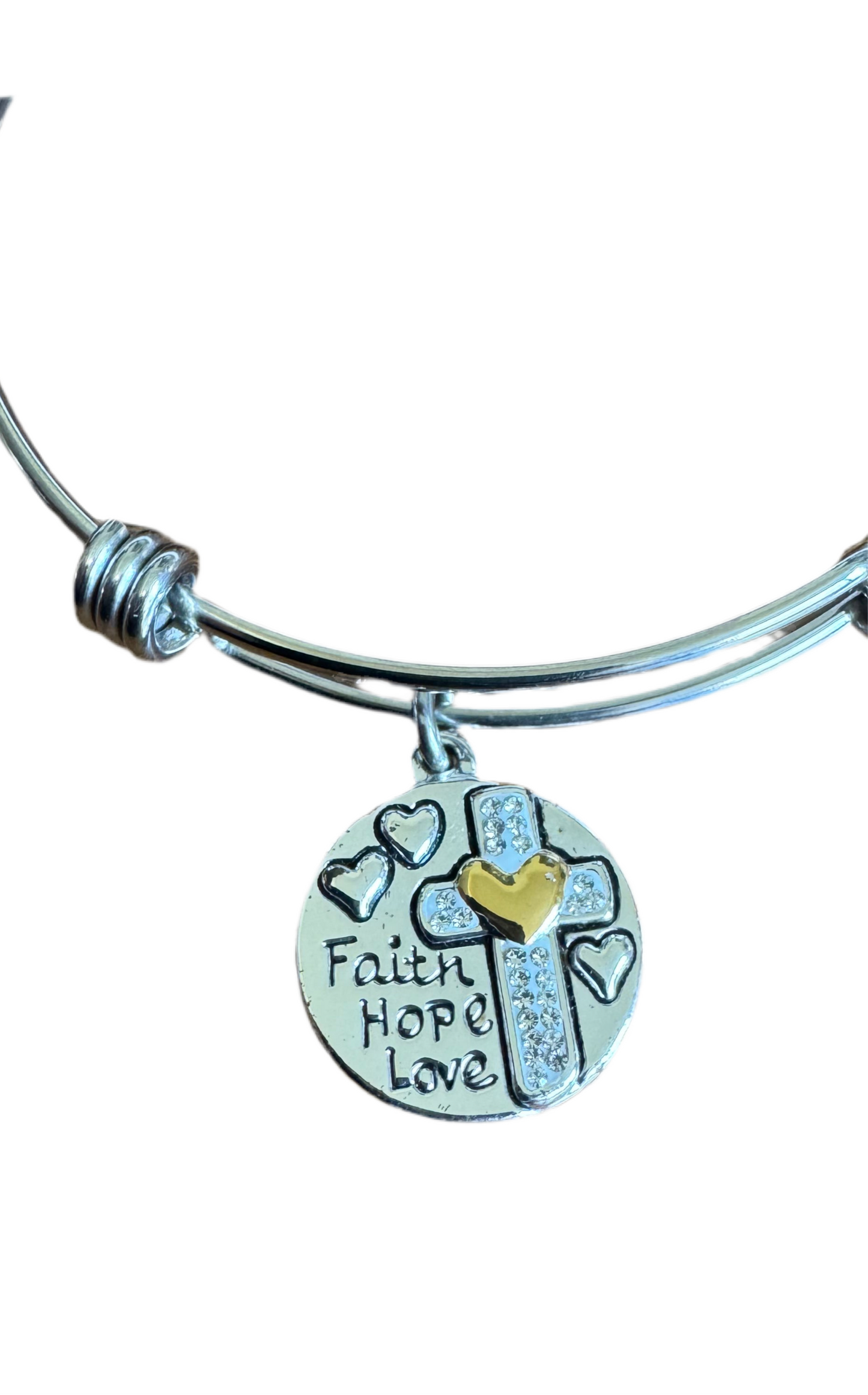 Love This Life - Faith Charm Stainless Steel, Silver Plated Bangle Bracelet