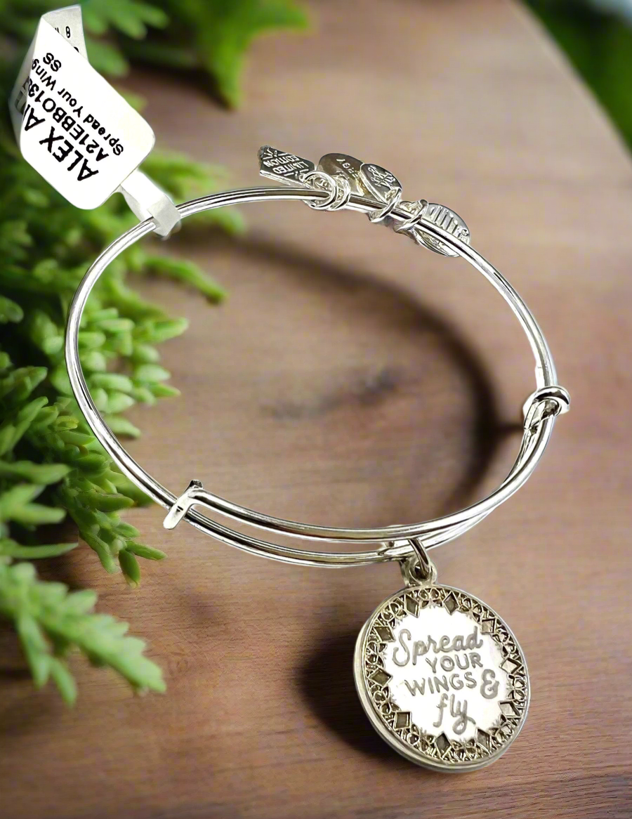 Alex and Ani - Spread Your Wings Charm Bangle, Shiny Rafaelian Silver, Stackable, Limited Edition, 13th of Butterfly Series, Gift for Her