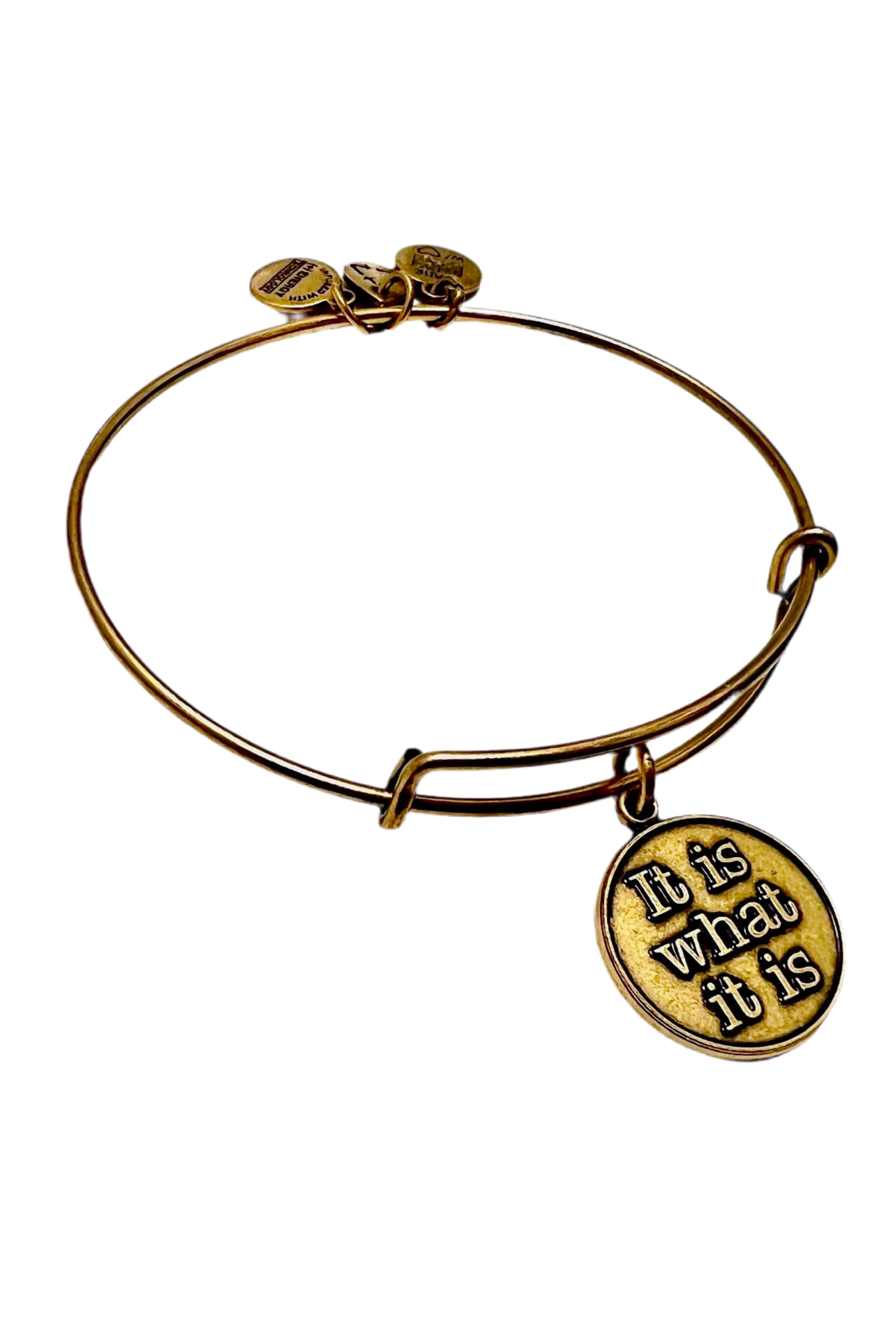 Alex and Ani - “It Is What It Is” Charm Bangle Bracelet Plus 2 Gold Textured Bangles