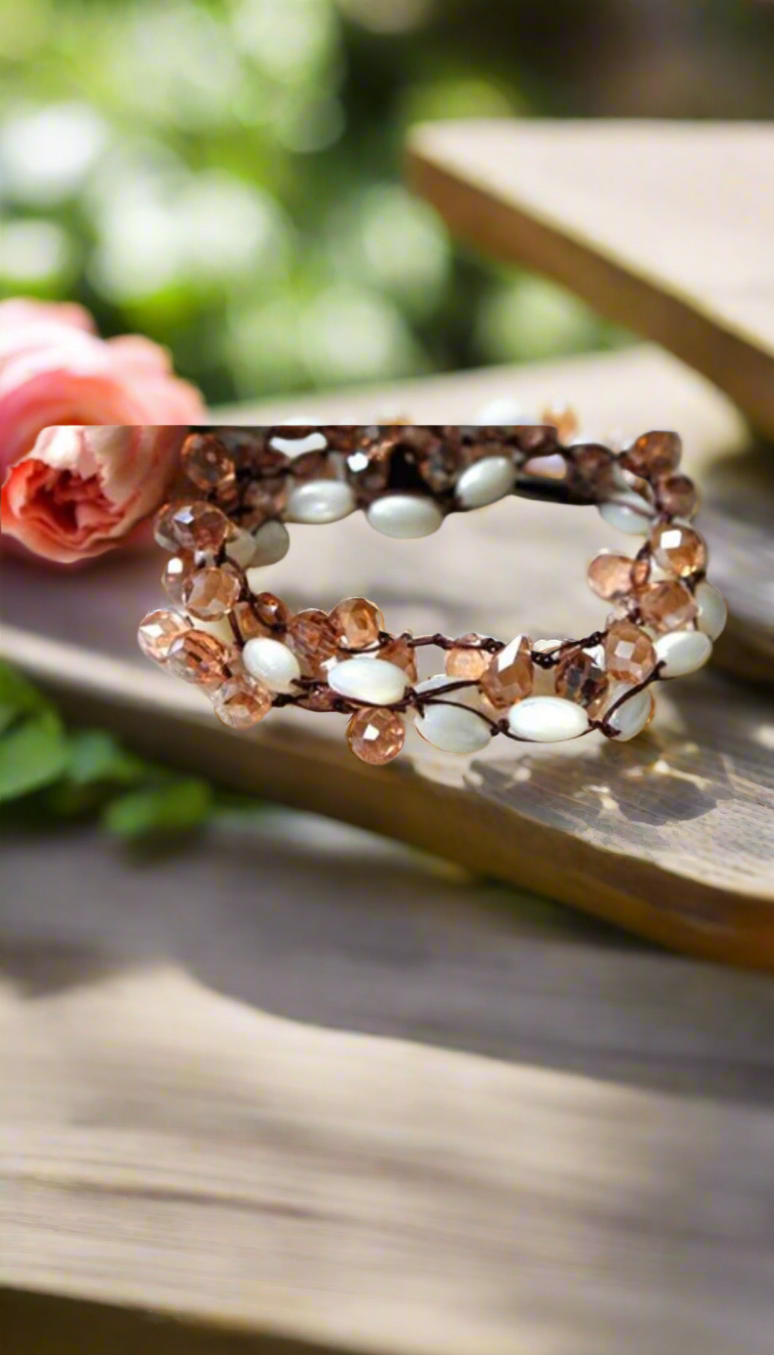 Lizou Collection - Leather, Crystal & Mother of Pearl Beaded 3 Times Wrap Bracelet, Gift for Her