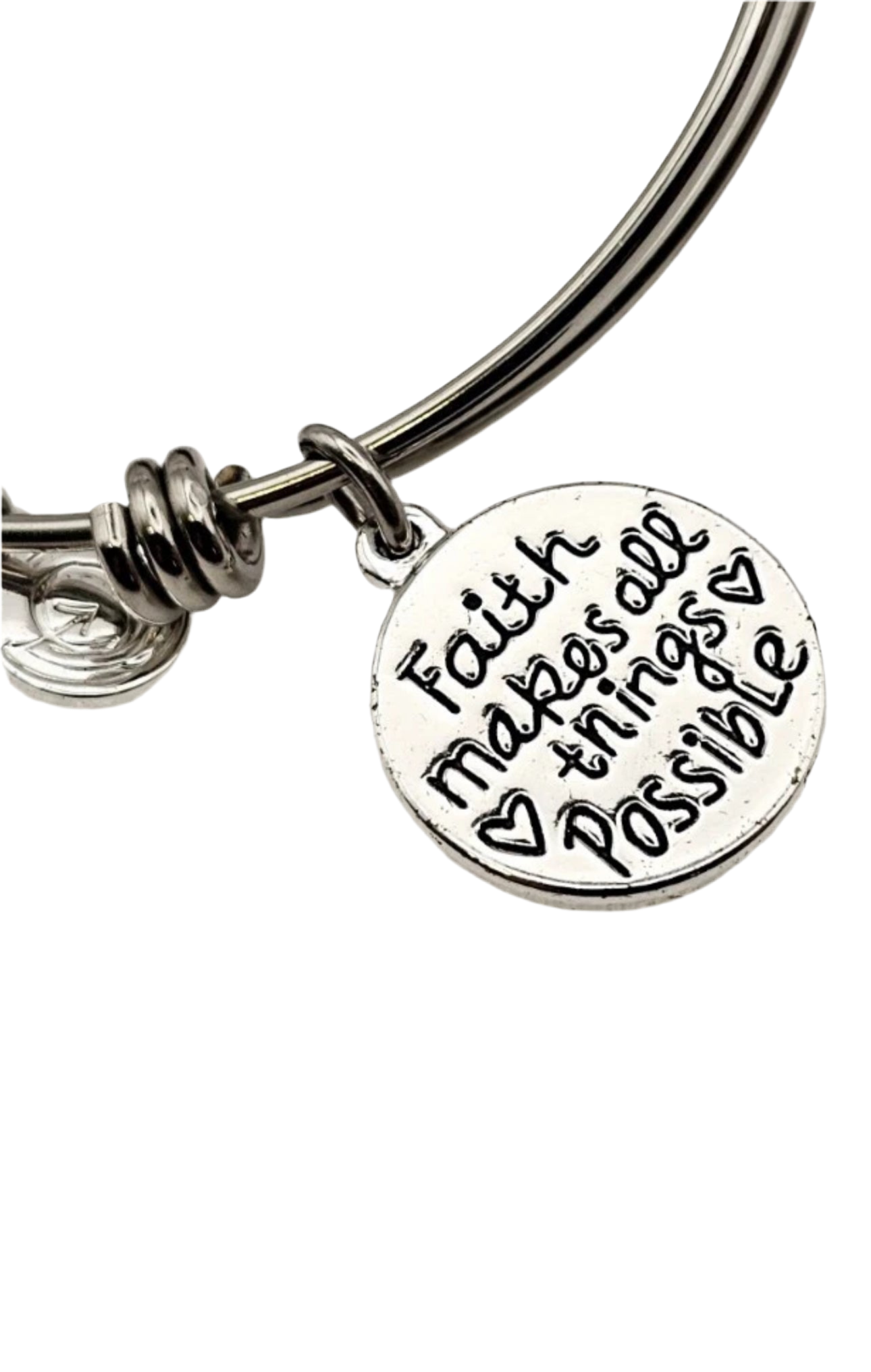 Love This Life - Faith Charm Stainless Steel, Silver Plated Bangle Bracelet