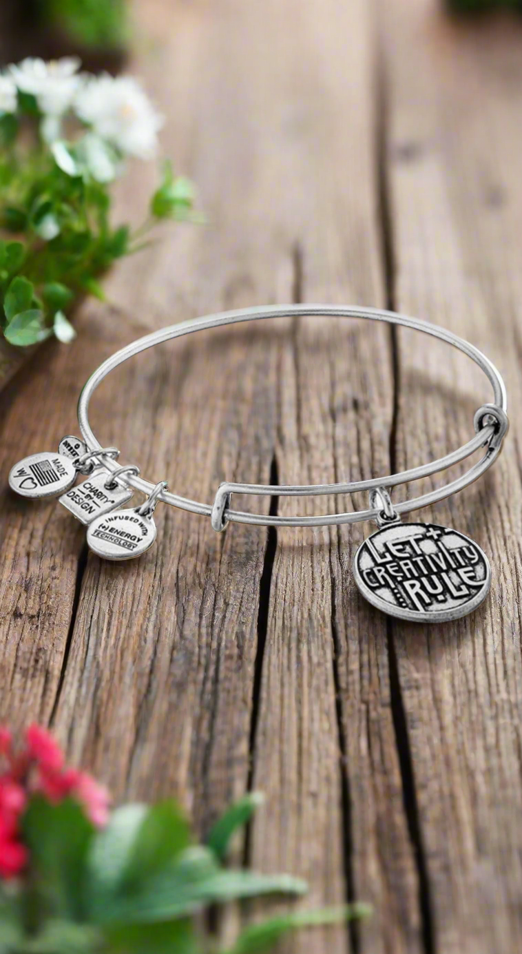 Alex and Ani - Let Creativity Rule Charm Bangle Bracelet, Charity By Design, Rafaelian Silver, Adjustable, Collectable Gift for Her, EUC