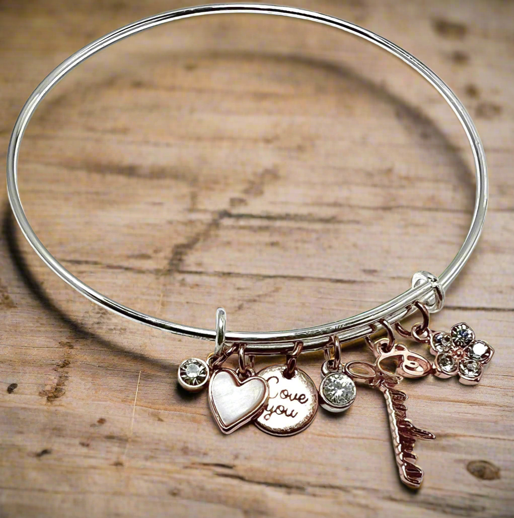 Stainless Steel "Grandma" Bangle with Mother of Pearl and Cubic Zirconia Charms - 6 Rose Gold Charms, Gift For Her