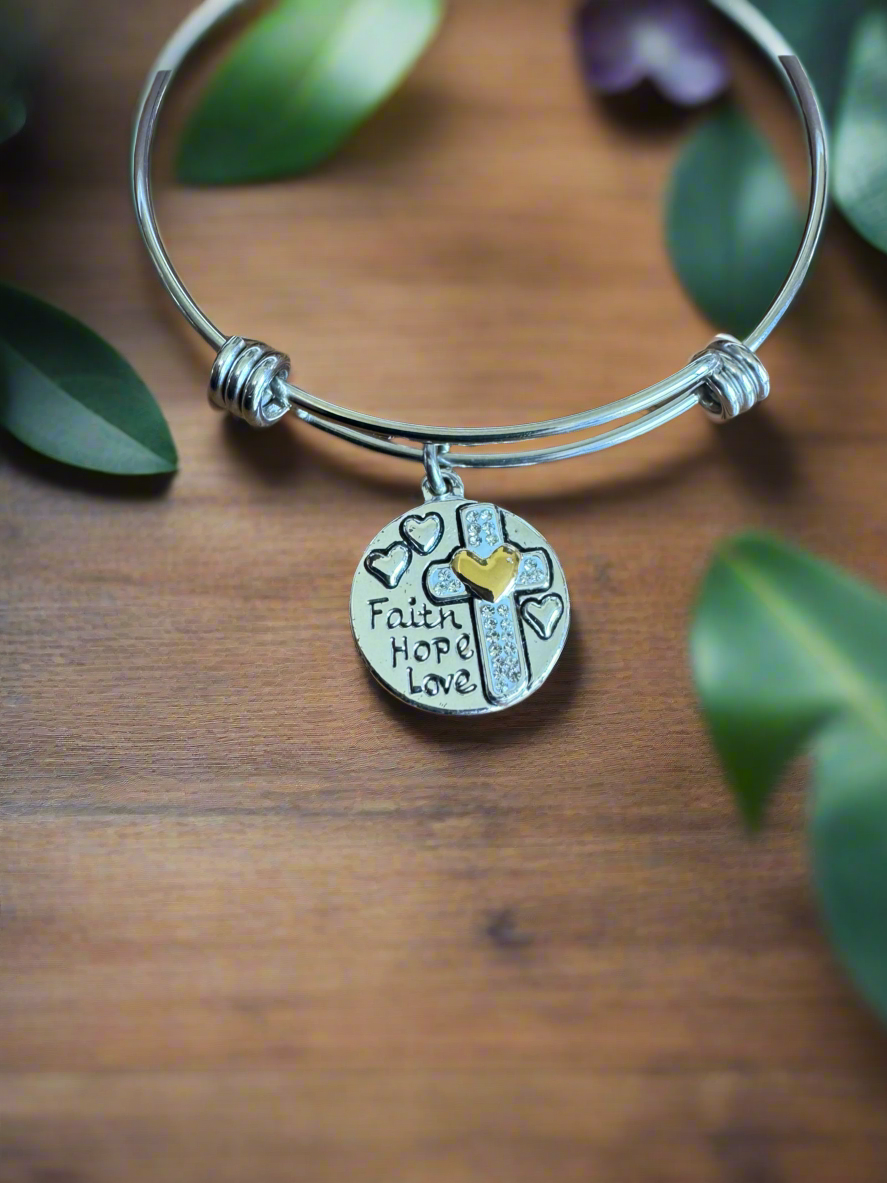 Love This Life - Faith Charm Stainless Steel, Silver Plated Bangle Bracelet