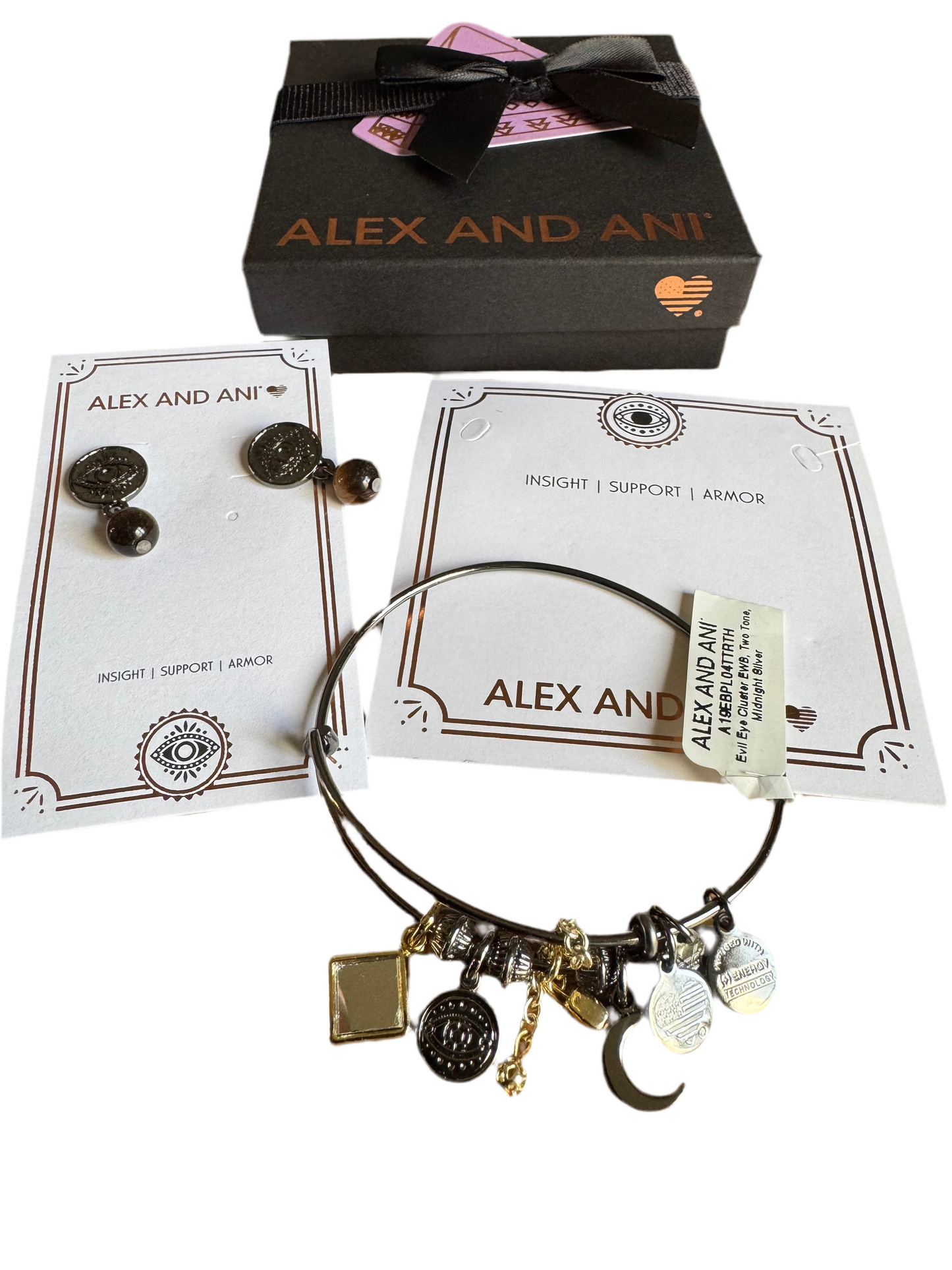 Alex and Ani - Evil Eye Earrings, Tiger Eye Round Stone Drop PLUS Evil Eye Cluster Bangle Bracelet