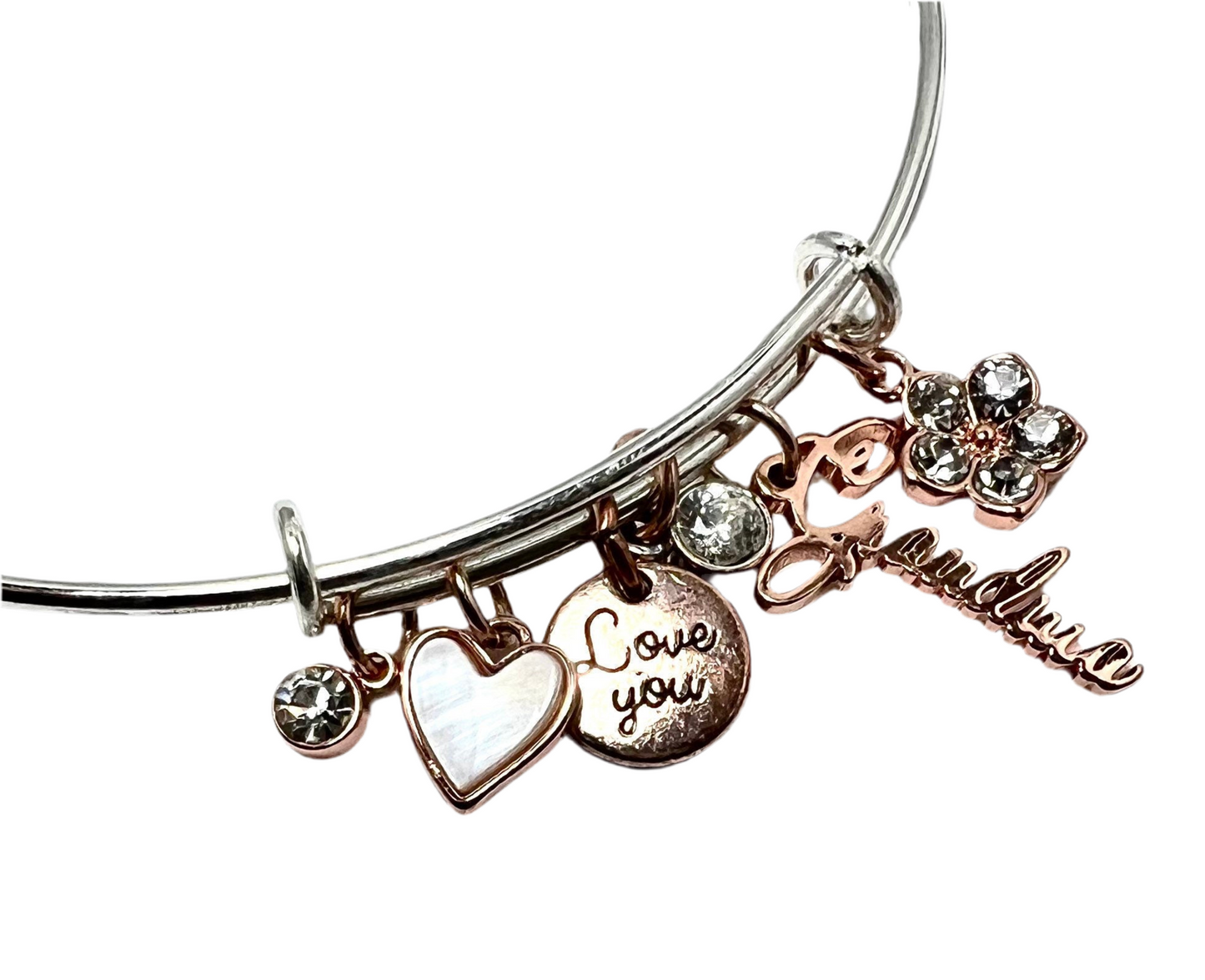 Stainless Steel "Grandma" Bangle with Mother of Pearl and Cubic Zirconia Charms - 6 Rose Gold Charms, Gift For Her