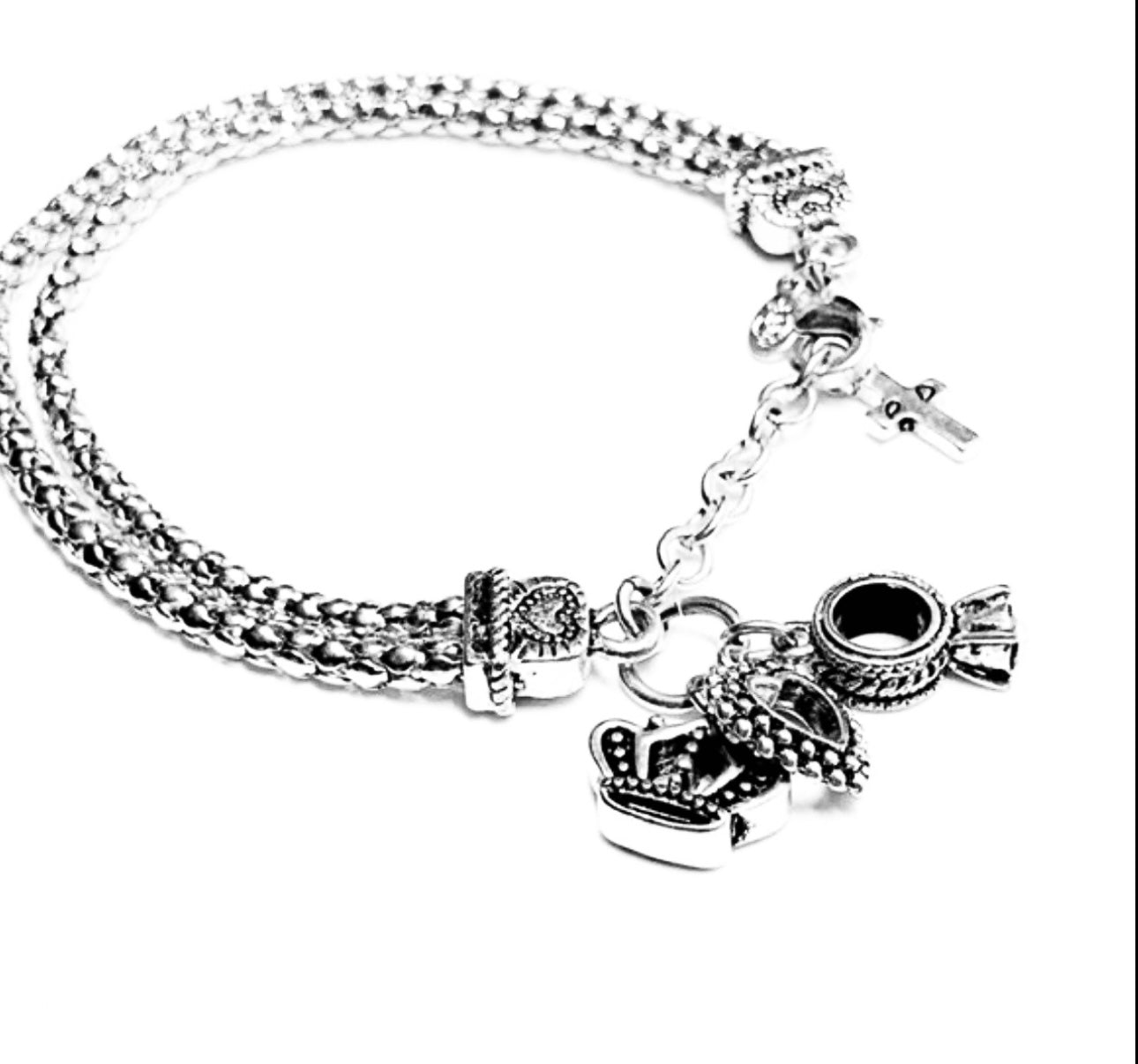 Premier Designs Charm Silver Tone Bracelet, Charms Dangling Hearts, Cross, Crown, Ring Charm with Crystal, Closes with Lobster Clasp