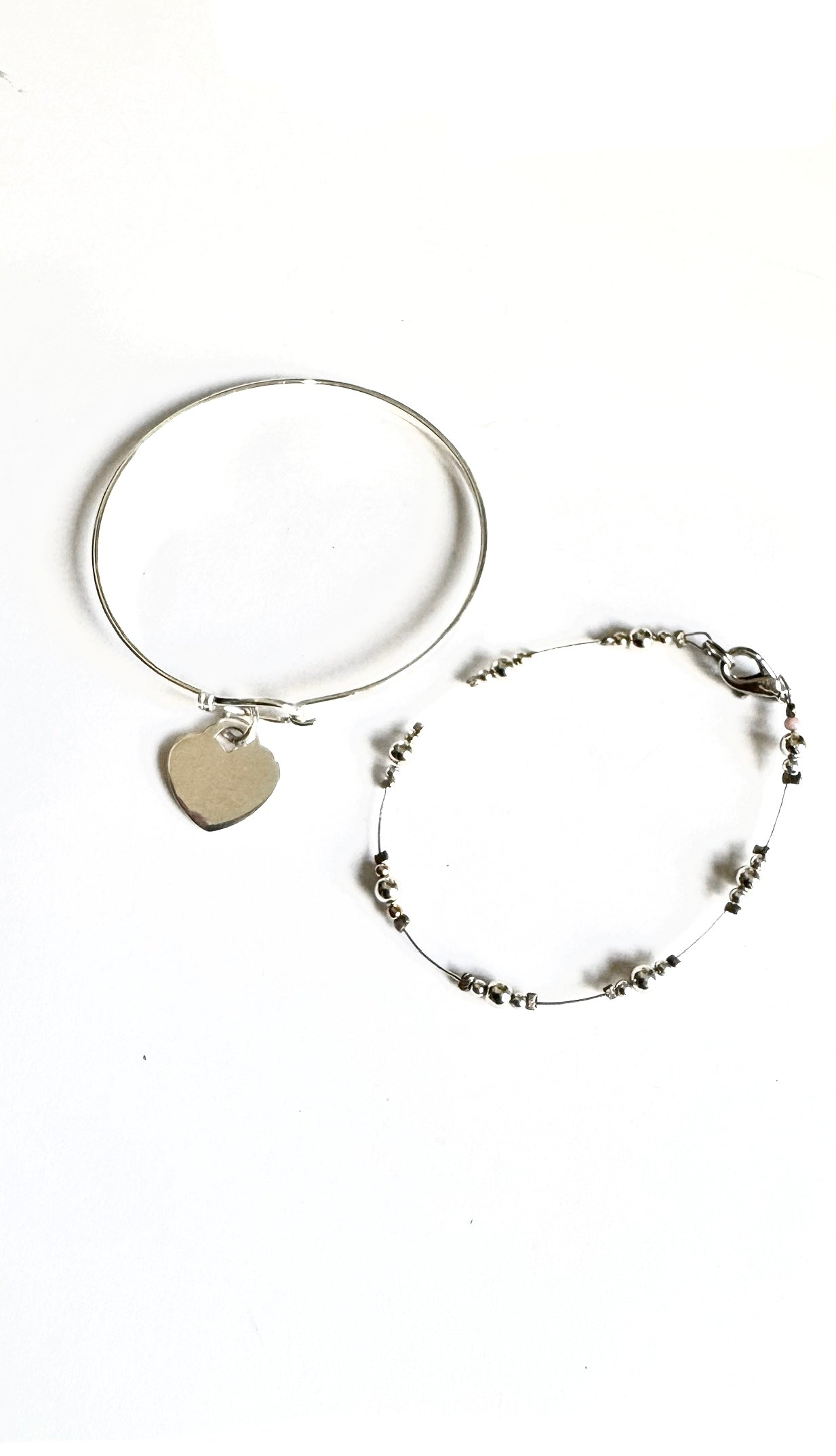 Sterling Silver Engravable Heart Charm on a Shiny Silver Finish Bangle Bracelet plus Bonus Beaded Bracelet