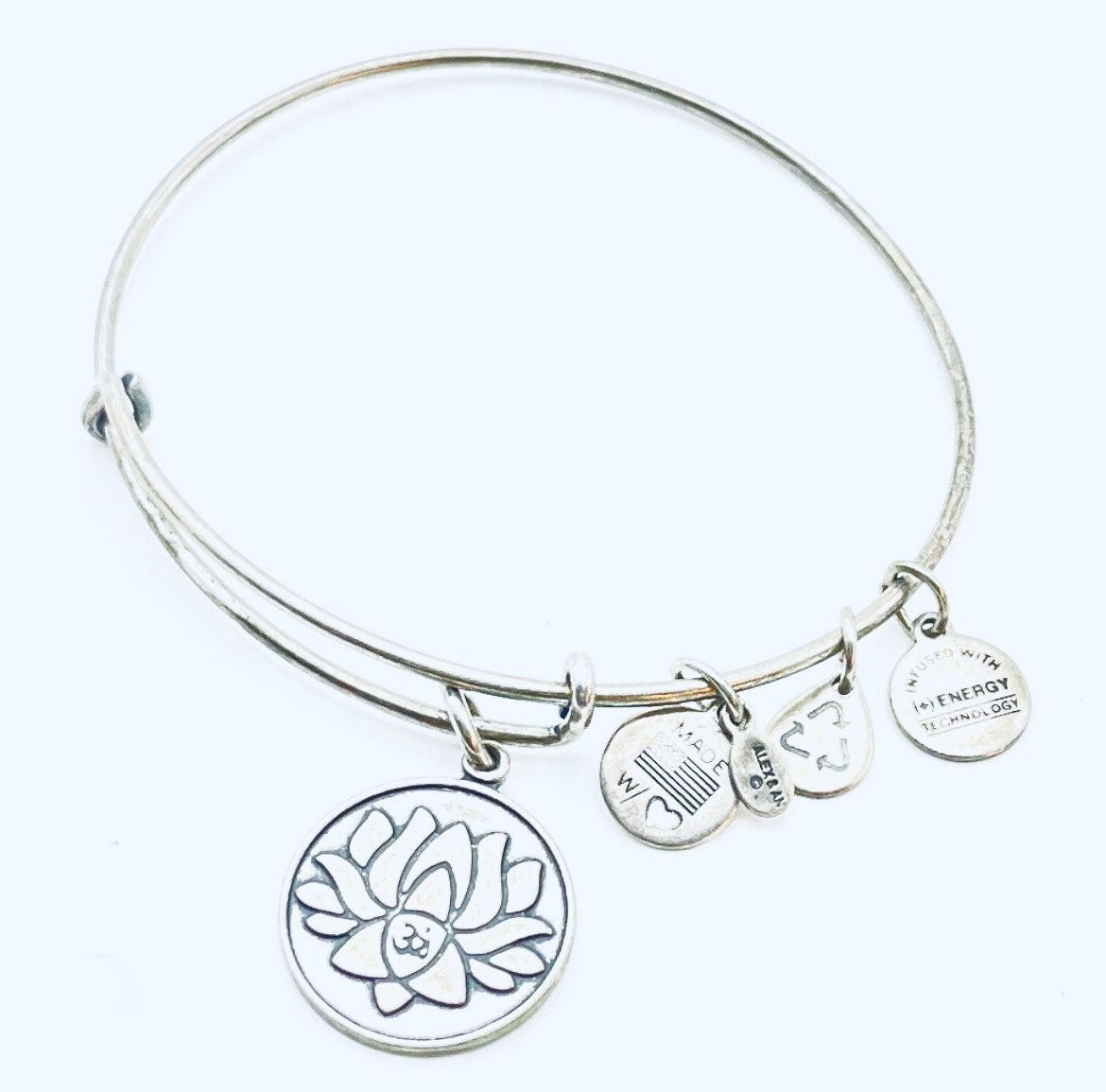 Alex and Ani - New Beginnings, Lotus With Ohm Symbol in the Middle Charm, Rafaelian Gold/Silver