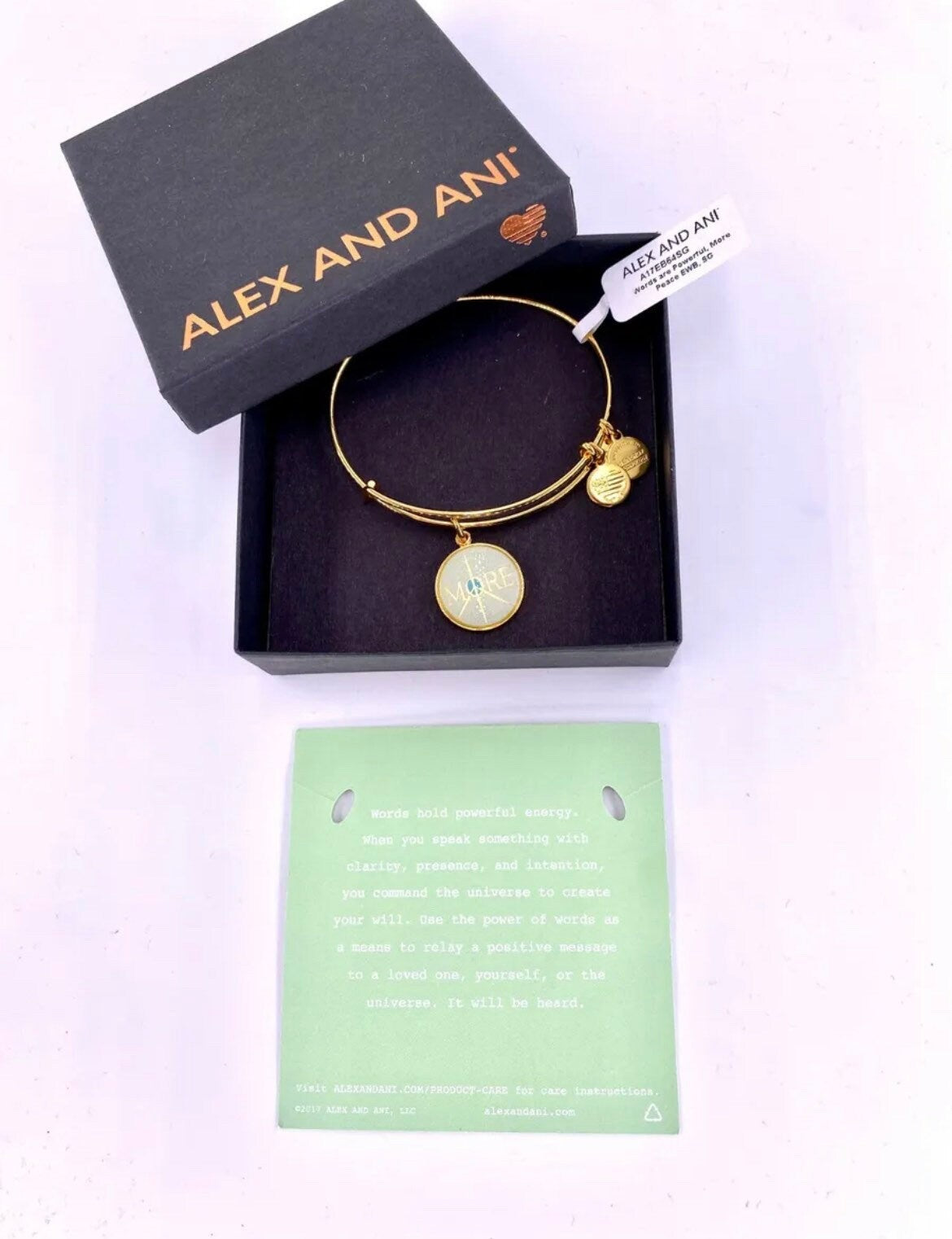 Alex and Ani - Words Are Powerful, More Peace Bracelet Charm Bangle, Adjustable and Stackable, Shiny Gold, Rafaelian Gold