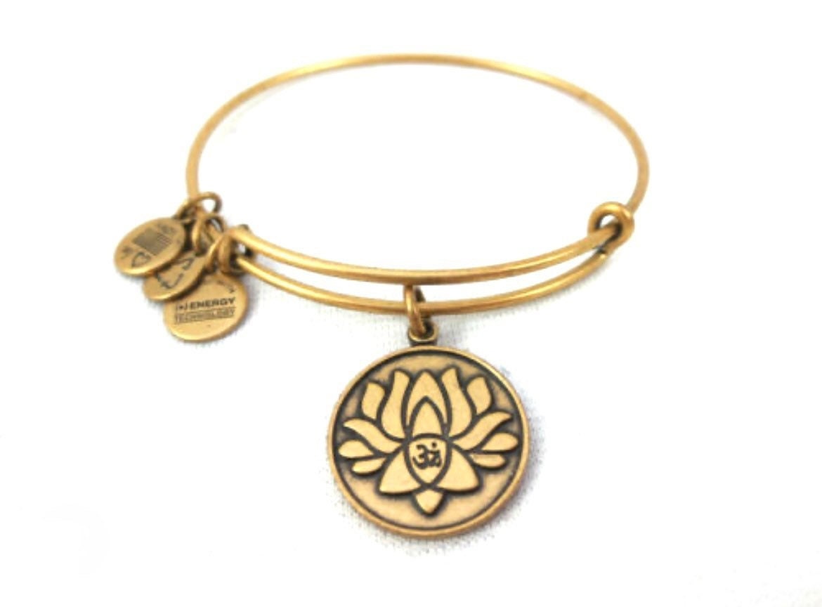 Alex and Ani - New Beginnings, Lotus With Ohm Symbol in the Middle Charm, Rafaelian Gold/Silver