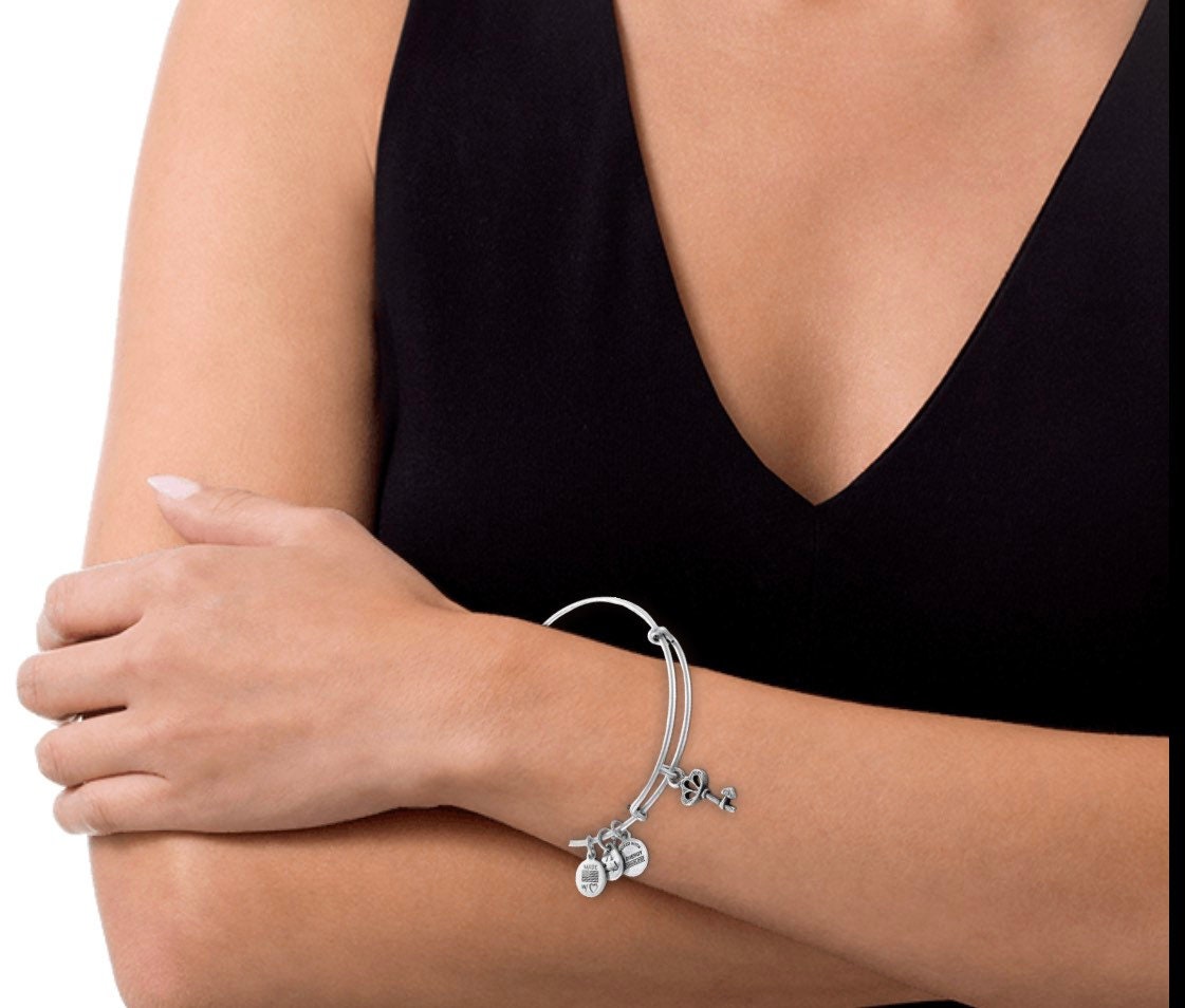 Alex and Ani - Swarovski Crystal Skeleton Key Charm Bangle Rafaelian Silver/Gold, Stackable, Adjustable, Collector’s Bracelet, Gift for Her