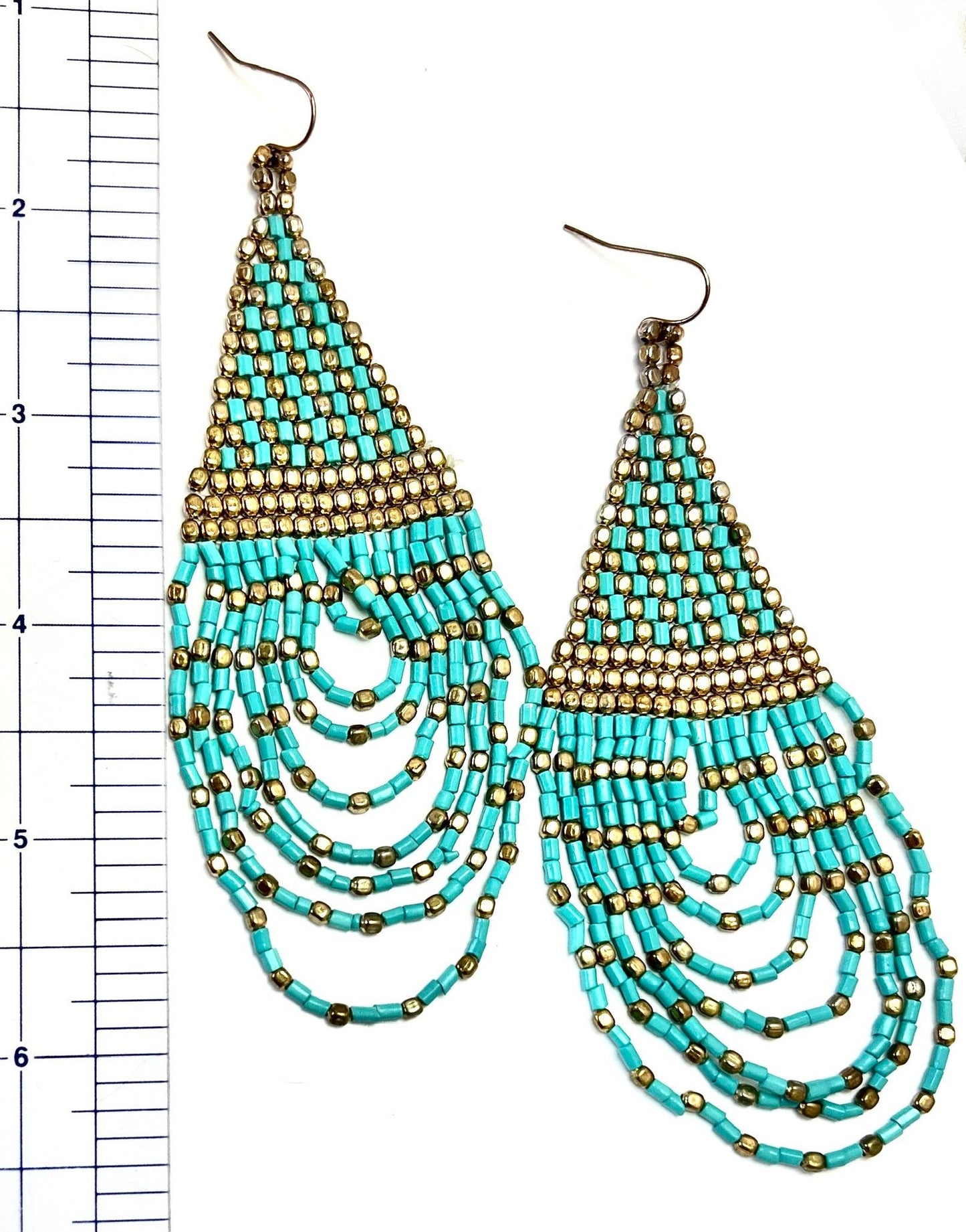 Turquoise and Brass Beaded Boho Style Long Earrings, Gift for Her