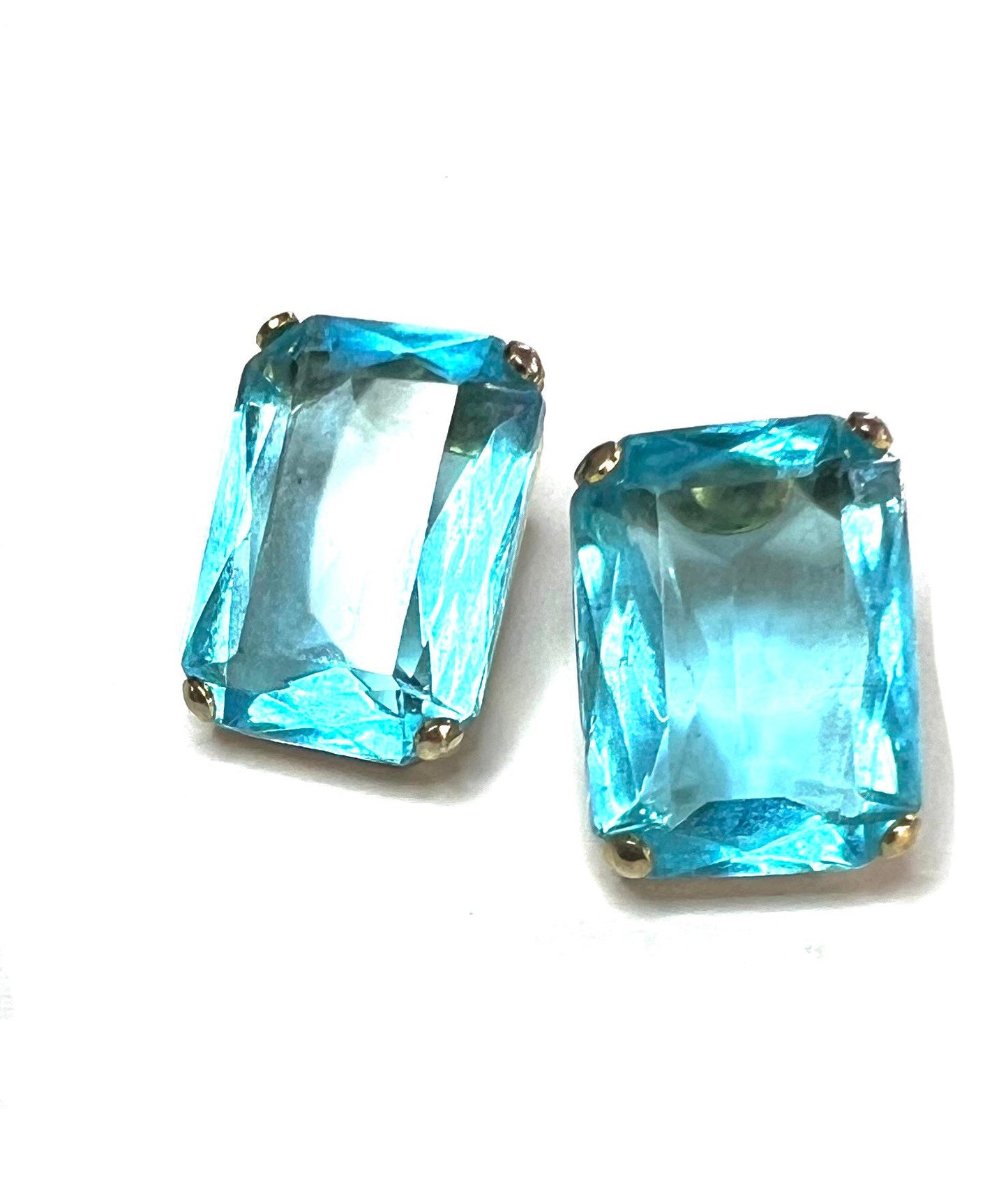 Imitation Blue Topaz Gold Tone Stud Pierced Earrings, Emerald Cut, Contemporary Earrings, Gift for Her