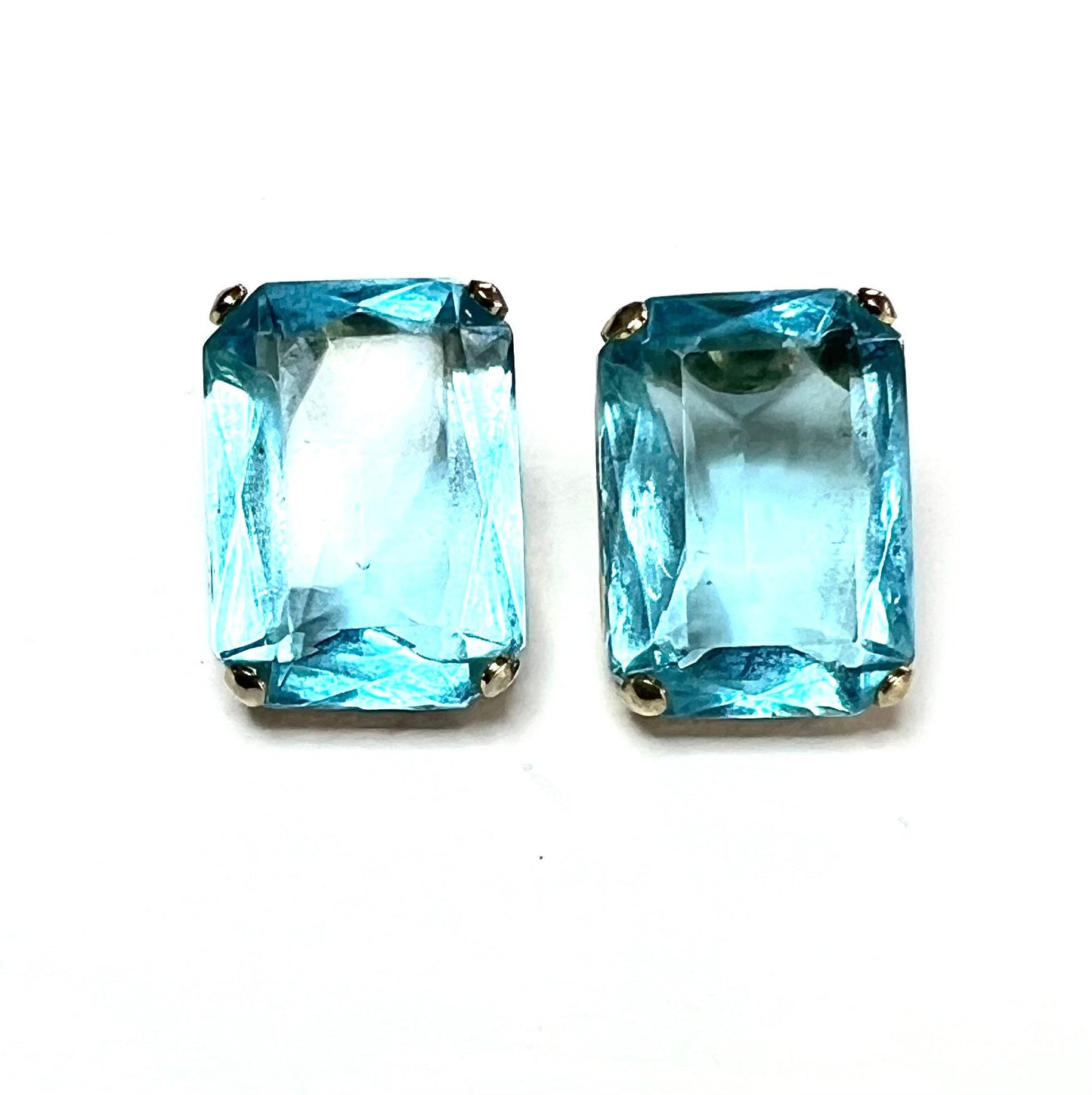 Imitation Blue Topaz Gold Tone Stud Pierced Earrings, Emerald Cut, Contemporary Earrings, Gift for Her