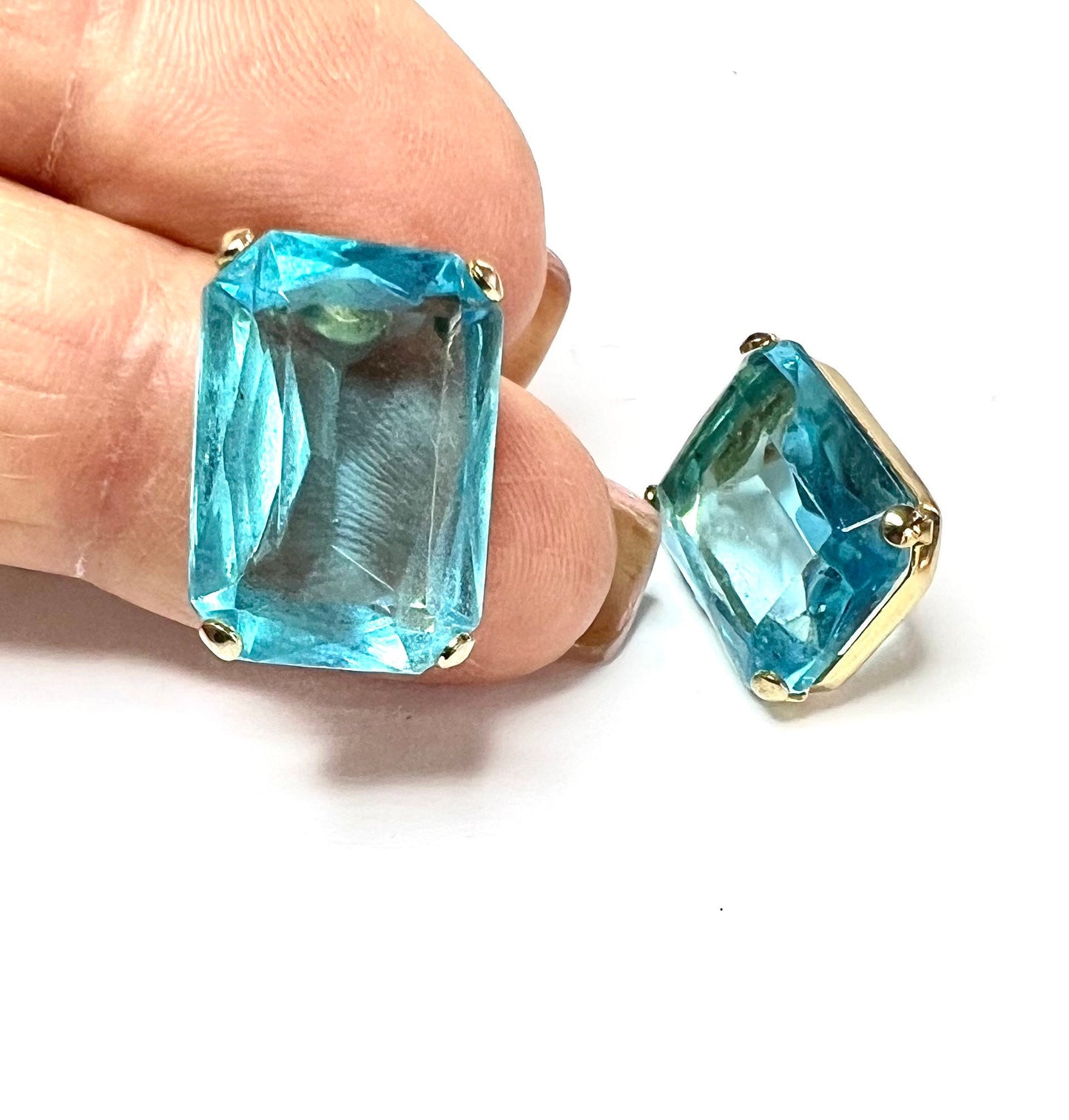 Imitation Blue Topaz Gold Tone Stud Pierced Earrings, Emerald Cut, Contemporary Earrings, Gift for Her