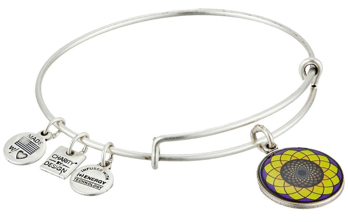 Alex and Ani - Sunflower Charm Shiny Silver/Gold Bangle for Alzheimer’s, Charity by Design, Adjustable Collector’s Bracelet, Gift for Her
