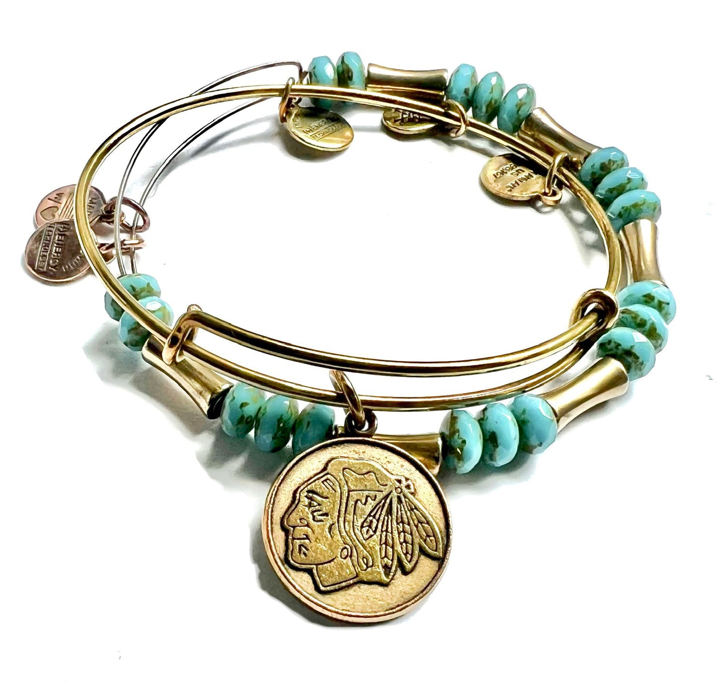 Alex and Ani - NHL Chicago Blackhawks Hockey Team Charm with Turquoise Beaded Bangle, Antique Gold, Collectors Gift for Her