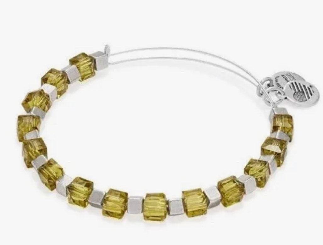 Alex and Ani - Fern Trailblazer Beaded Bangle - Rafaelian Silver Finish, Swarovski Crystals and Silver Square Beads Collectable Gift for Her