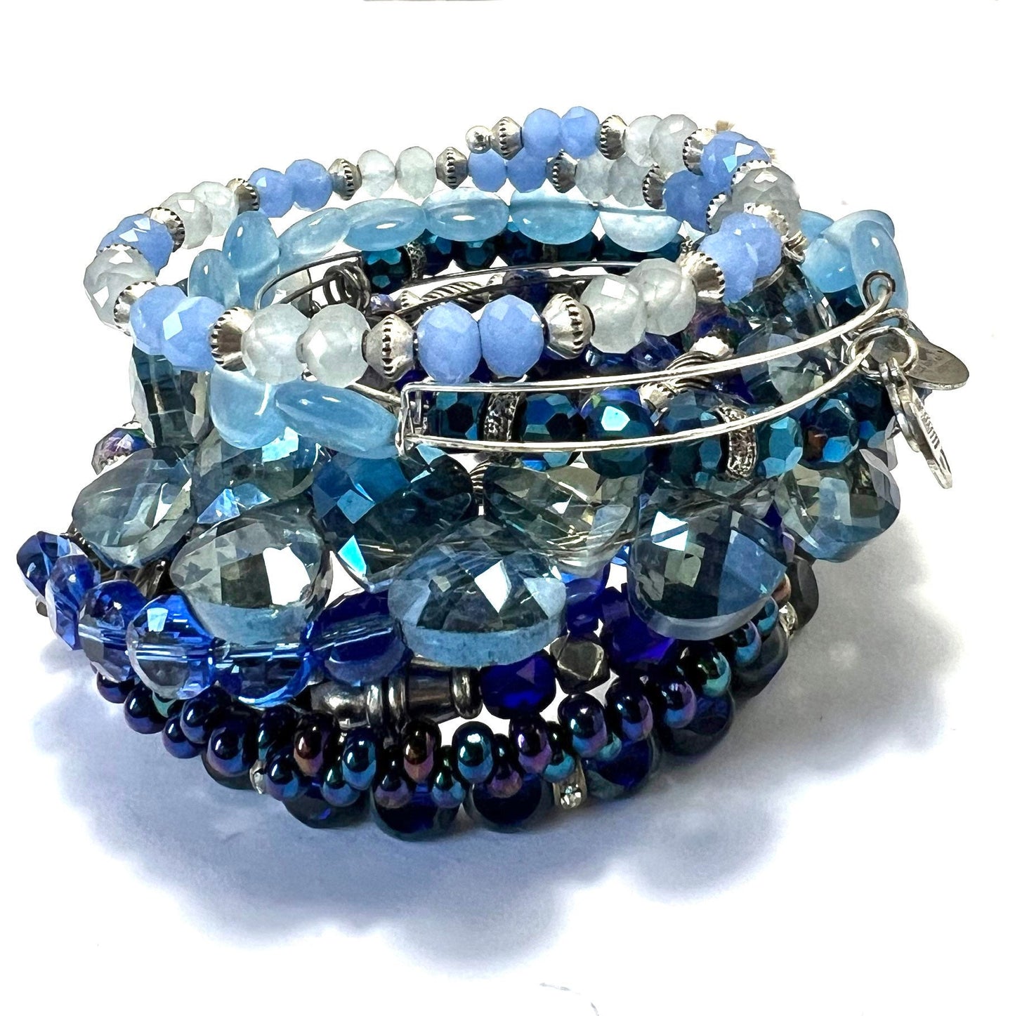 Alex and Ani - Swarovski Crystal Blue and Rafaelian Silver Beaded Bangle Bracelet, Adjustable, Collectable Gift for Her, Gently Loved