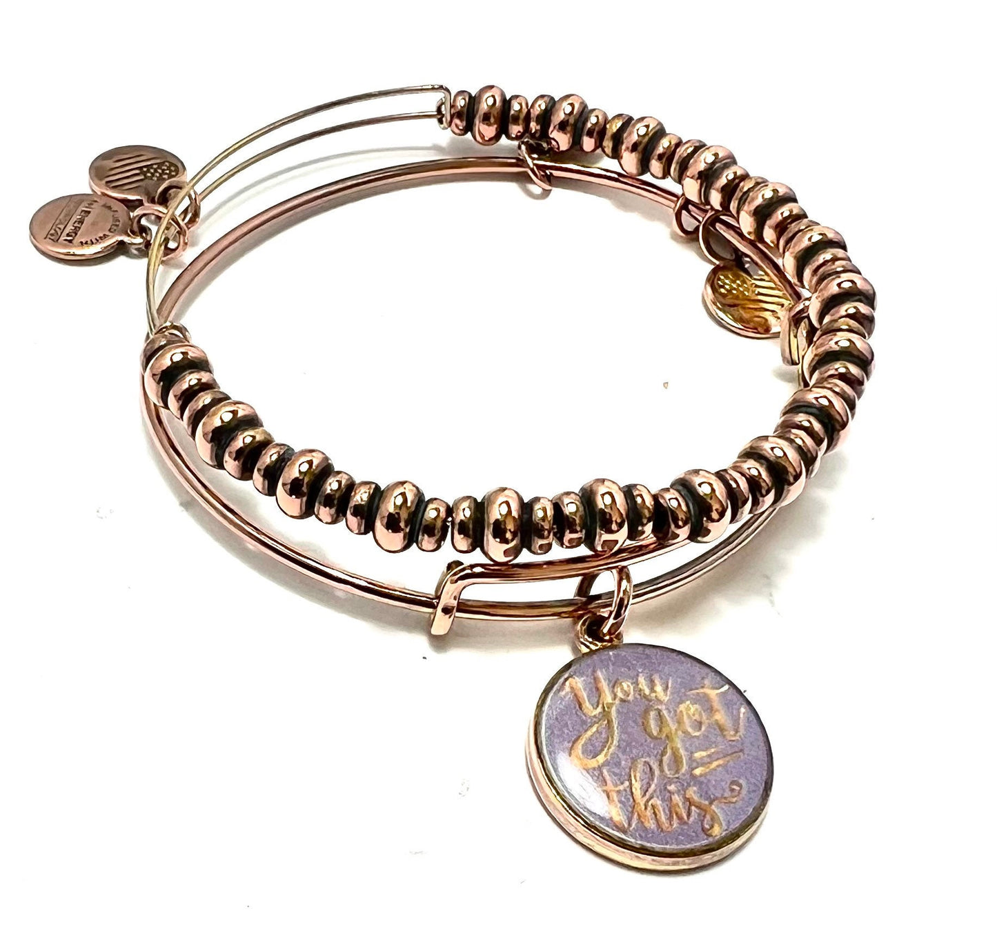 Alex and Ani - Nile Beaded Bangle in Rafaelian Rose Gold, + “You Got This” Charm Bangle, Slide Bracelet EUC - Gift for Her - 2 for 1 Bundle