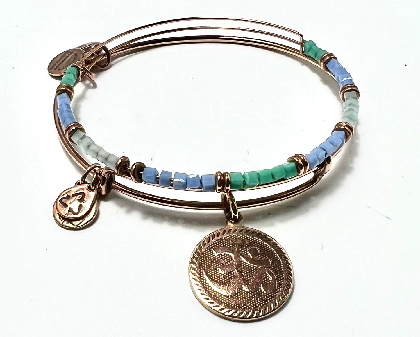 Alex and Ani - Robin Temple Beaded Rafaelian Rose Gold, + “Ohm Symbol” Charm Bangle, Slide Bracelet EUC - Gift for Her - 2 for 1 Bundle