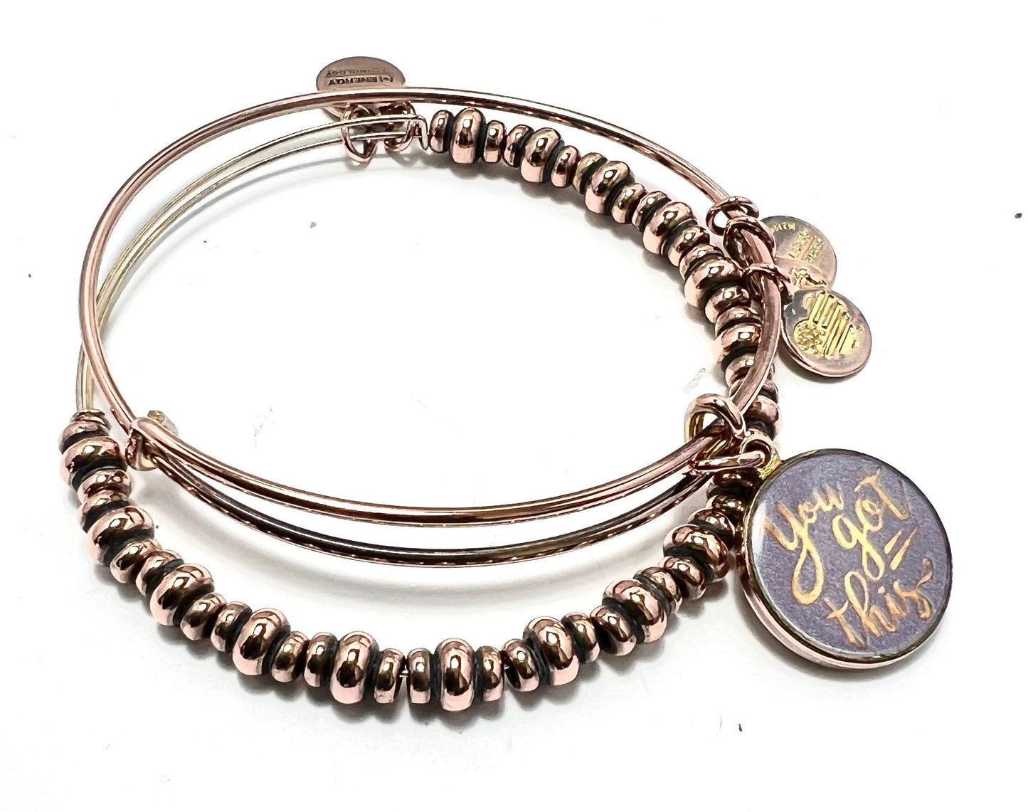 Alex and Ani - Nile Beaded Bangle in Rafaelian Rose Gold, + “You Got This” Charm Bangle, Slide Bracelet EUC - Gift for Her - 2 for 1 Bundle