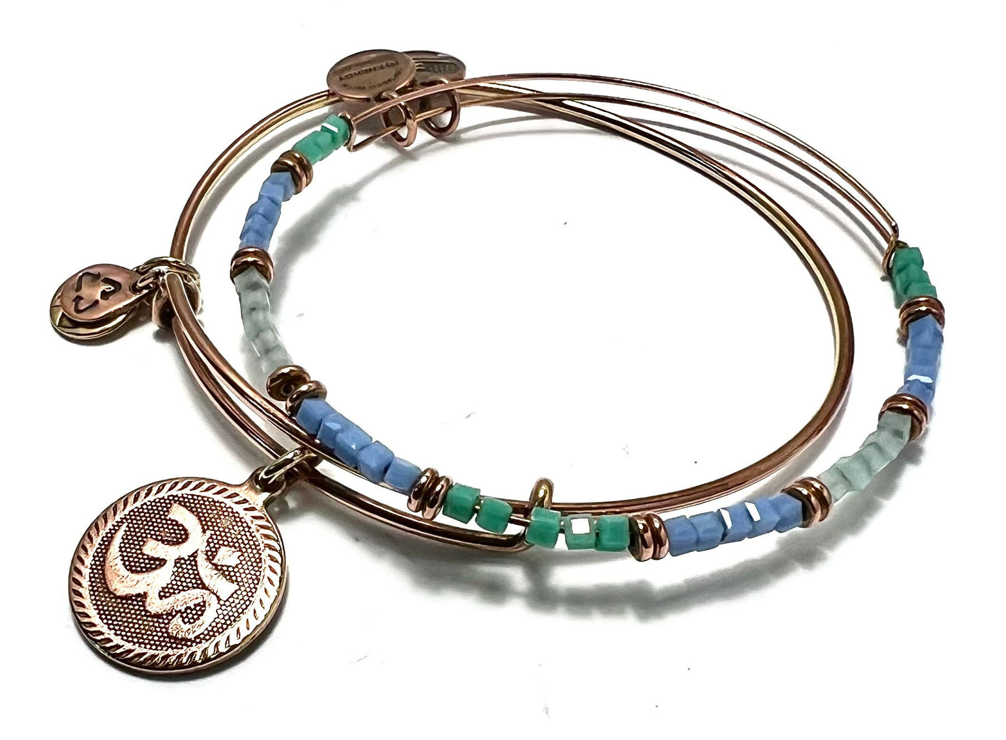 Alex and Ani - Robin Temple Beaded Rafaelian Rose Gold, + “Ohm Symbol” Charm Bangle, Slide Bracelet EUC - Gift for Her - 2 for 1 Bundle