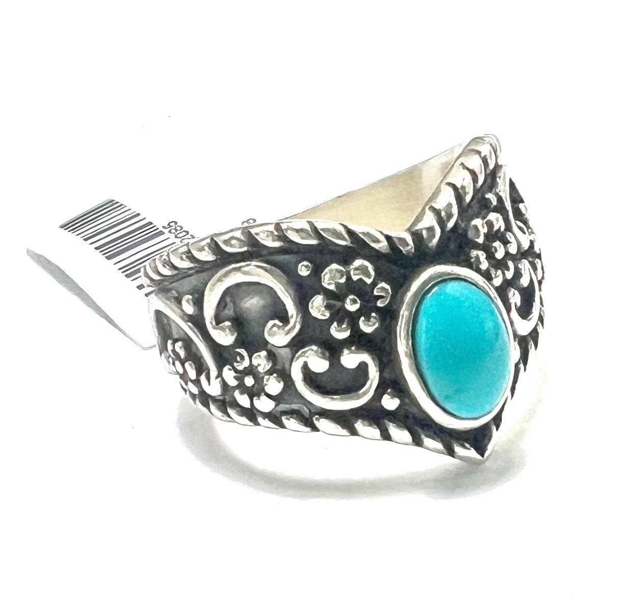 Sterling Silver & Turquoise Ring, Stamped, Size 7 1/2, Ornate Designs, Gift for Her, NWT