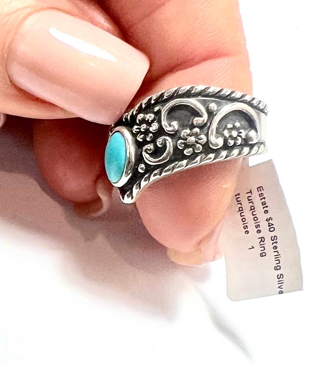 Sterling Silver & Turquoise Ring, Stamped, Size 7 1/2, Ornate Designs, Gift for Her, NWT