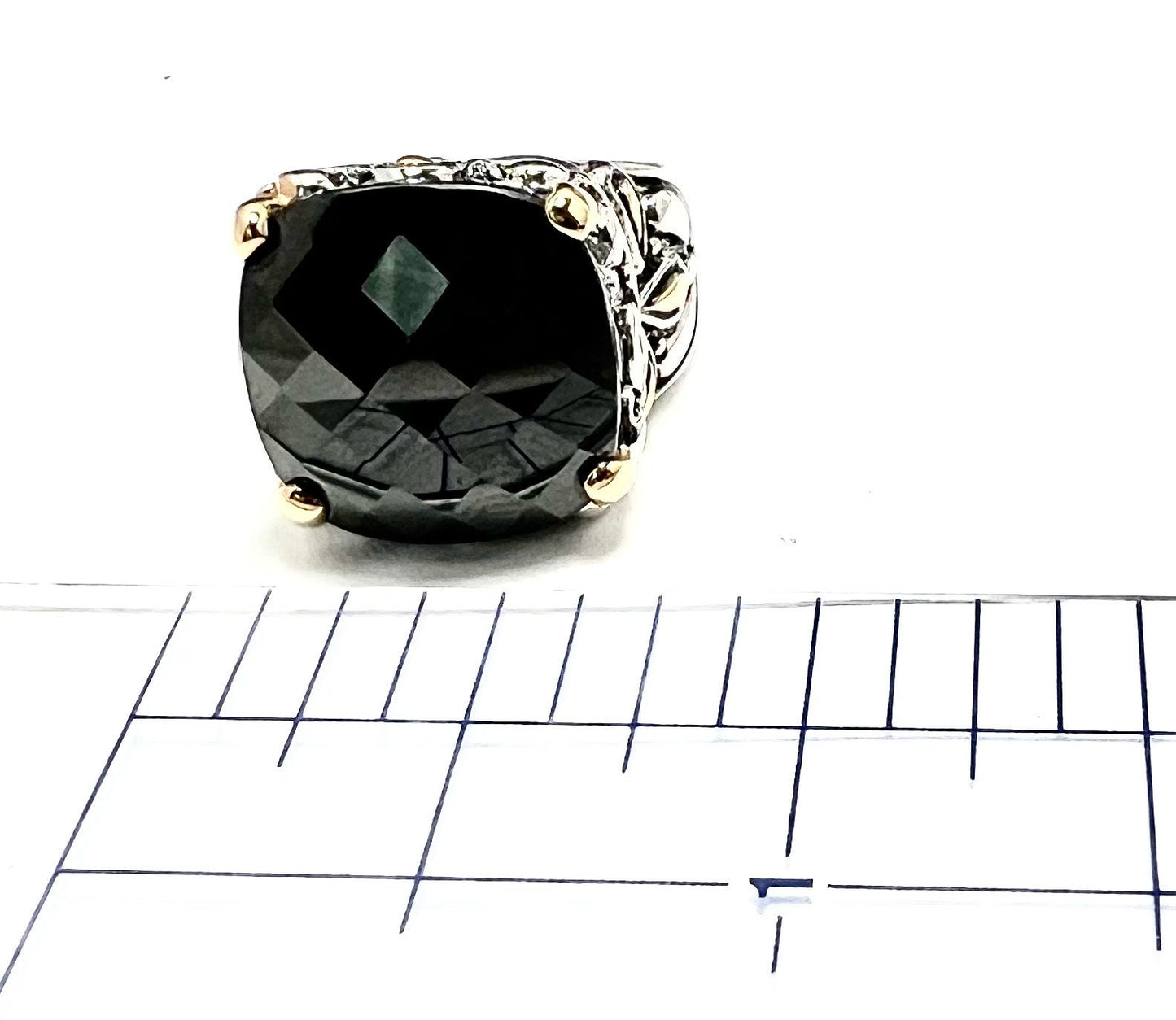 Cushion Faceted Onyx Pinky Ring, 18k Gold Plated Stamped Accents, Size 4 1/2, Ornate Designs, Gift for Her, NWOT