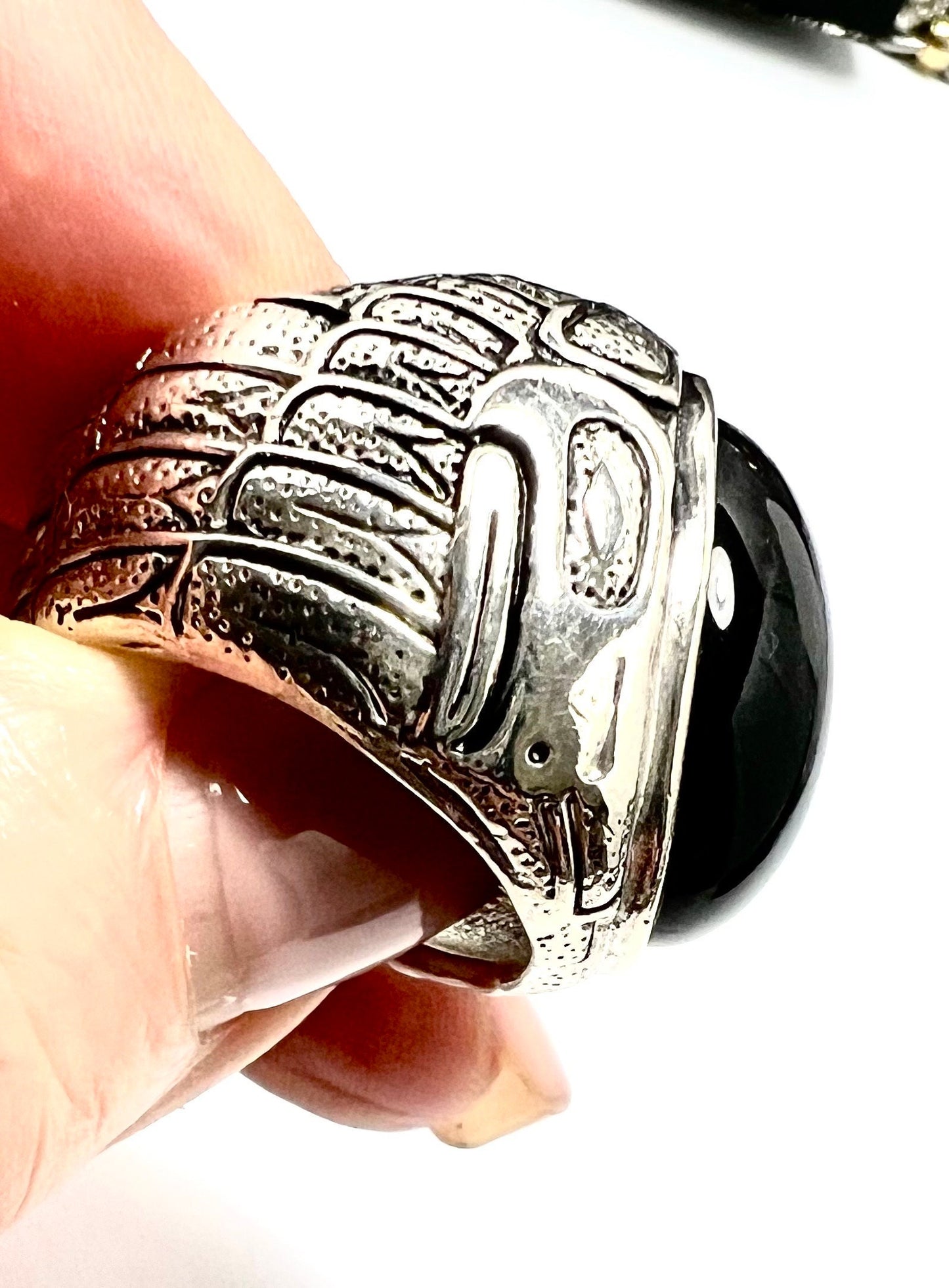 Eagle - Indigenous Style Smooth Onyx Stone Ring, Sterling Silver, Size 8, Bird/Eagle Design, Gift for Her/Him-Unisex, NWOT