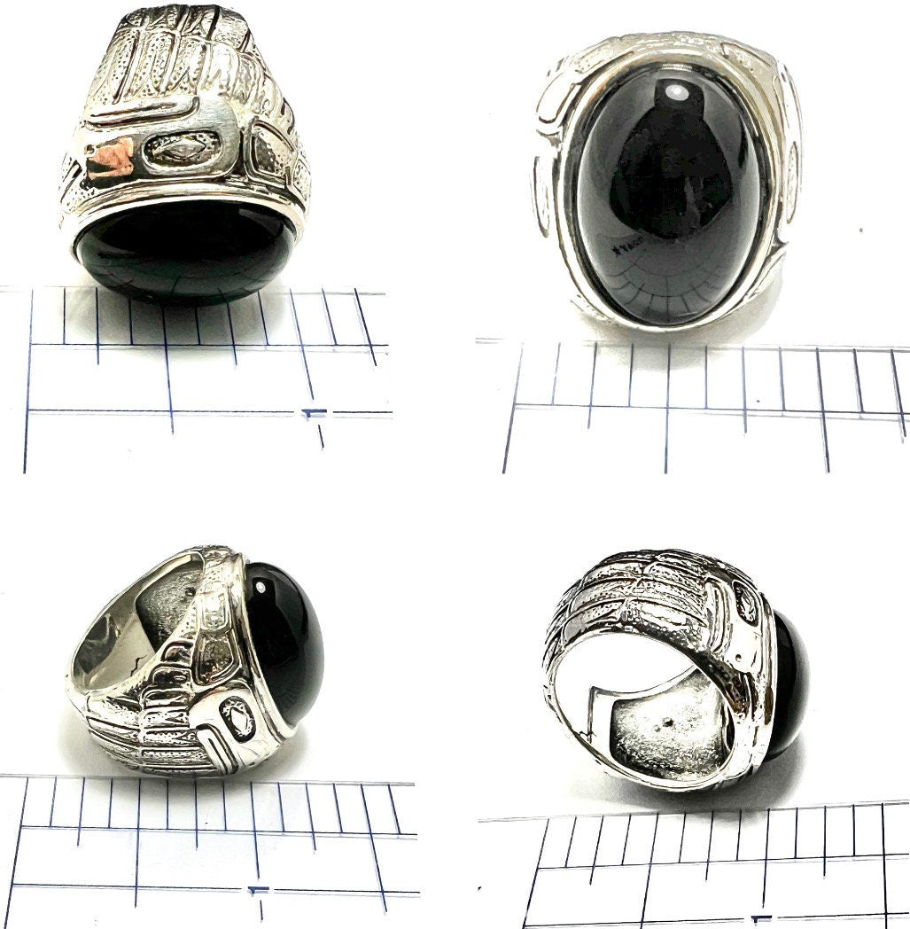 Eagle - Indigenous Style Smooth Onyx Stone Ring, Sterling Silver, Size 8, Bird/Eagle Design, Gift for Her/Him-Unisex, NWOT