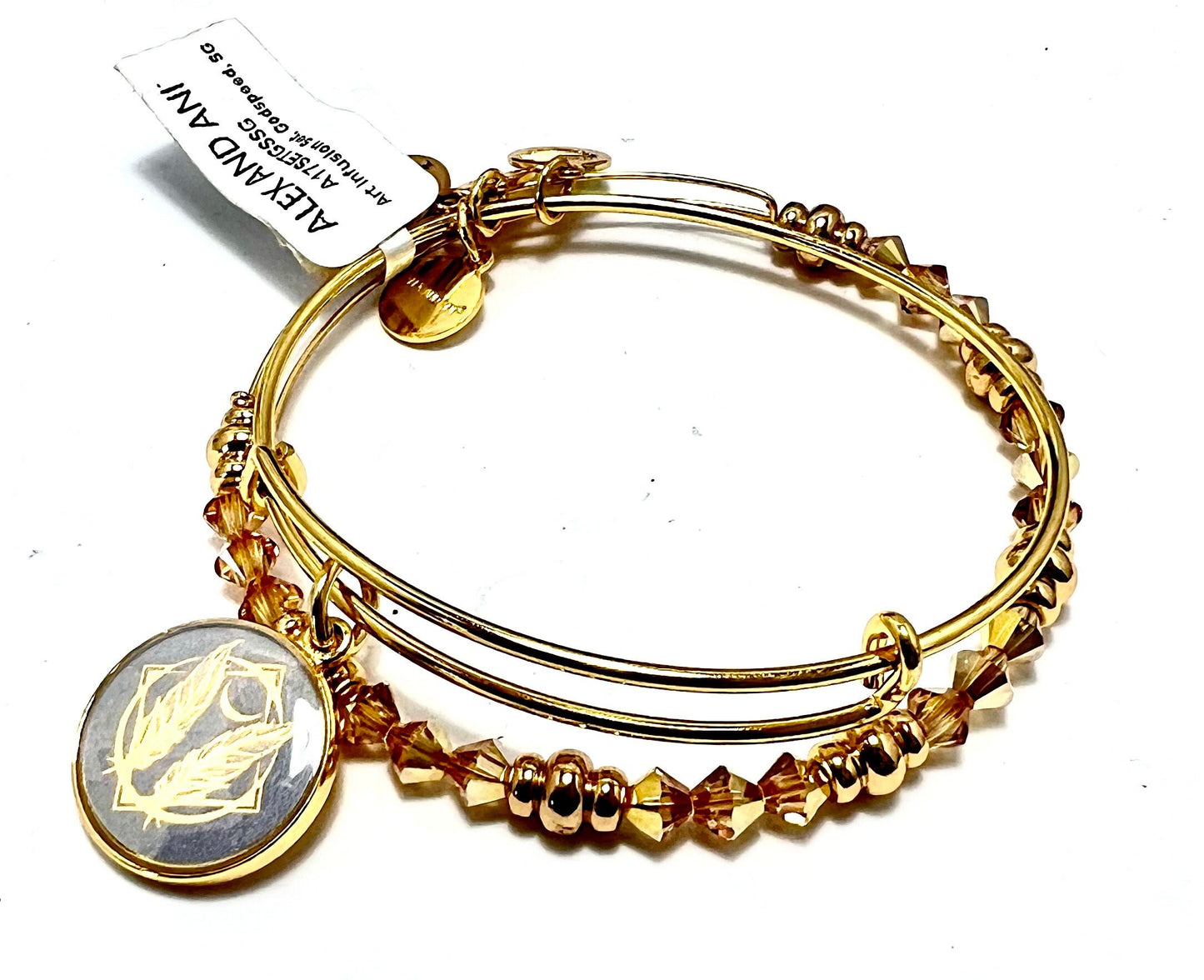 Alex and Ani - Godspeed Charm Set of 2 Bangles, Rafaelian Shiny Gold, with Swarovski Crystal Beaded Bracelet