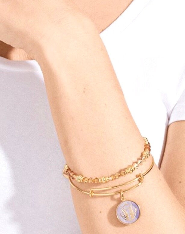 Alex and Ani - Godspeed Charm Set of 2 Bangles, Rafaelian Shiny Gold, with Swarovski Crystal Beaded Bracelet