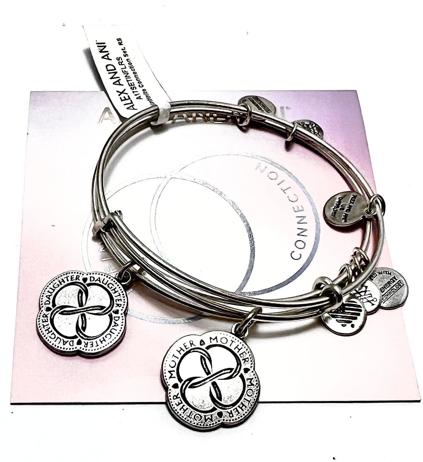 Alex and Ani - Infinite Connection, “Mother” or “Daughter” 1 Charm Bangle Bracelet Rafaelian Silver/Gold, Special Gift for Her, Collectable