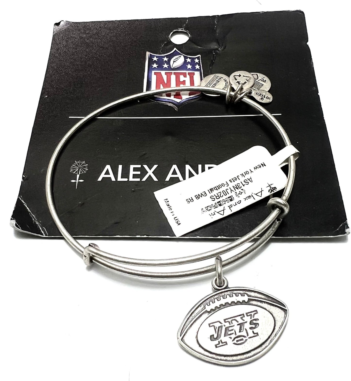 Alex and Ani - New York Jets Football Charm, Rafaelian Silver, Team Spirit, NWT + Card, Adjustable & Stackable, Collector’s Gift for Her