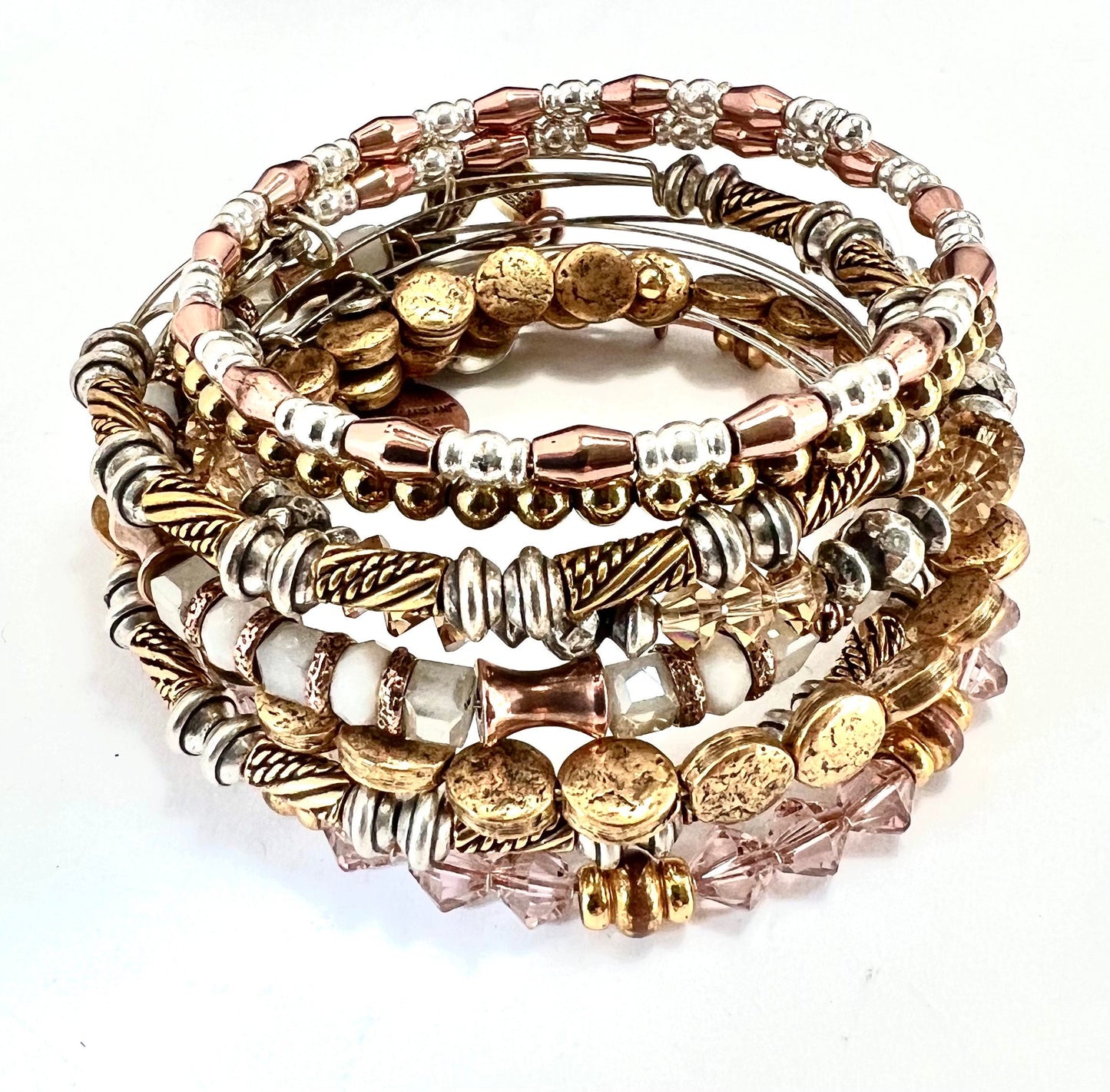 Alex and Ani - Godspeed Charm Set of 2 Bangles, Rafaelian Shiny Gold, with Swarovski Crystal Beaded Bracelet