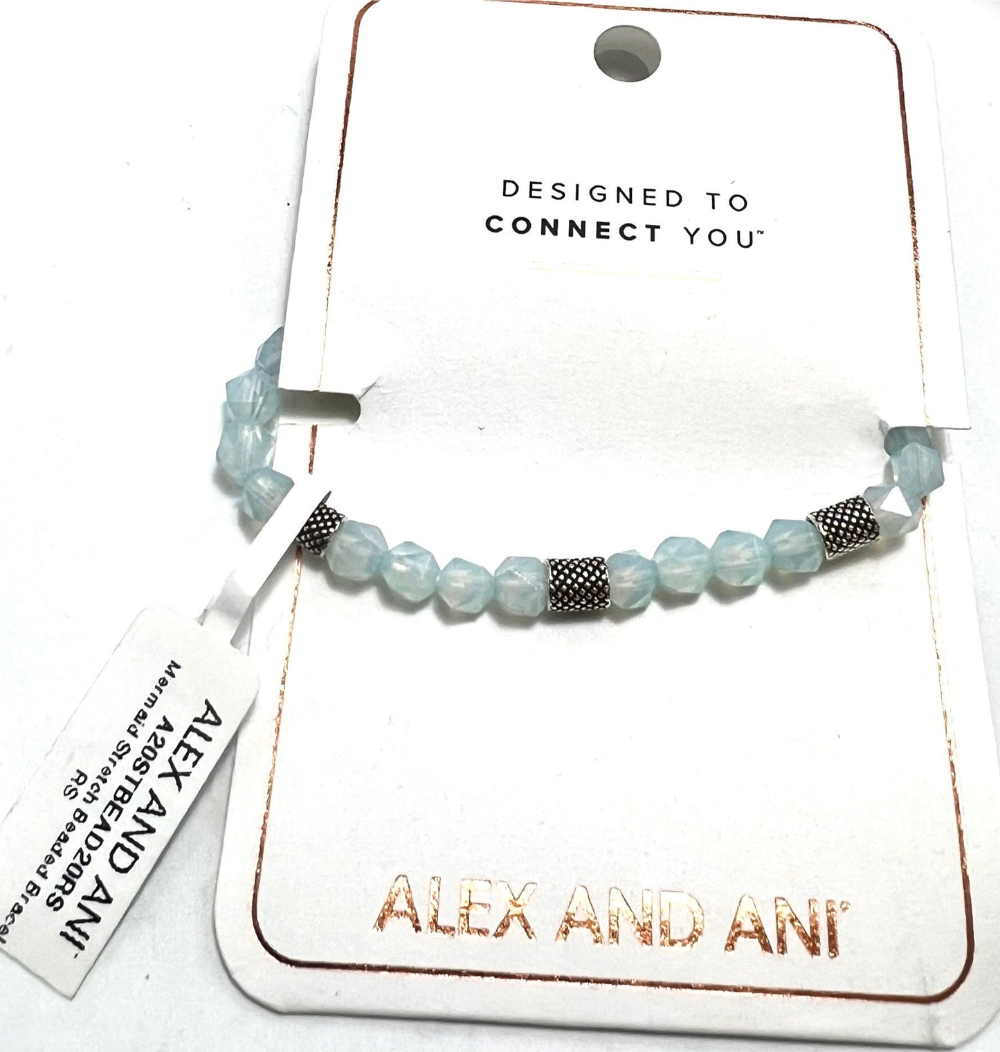 Alex and Ani - Mermaid Stretch Beaded Bracelet in Rafaelian Silver, Lite Blue Beads, Bangle Bracelet, NWT + Card, Collector’s Gift for Her