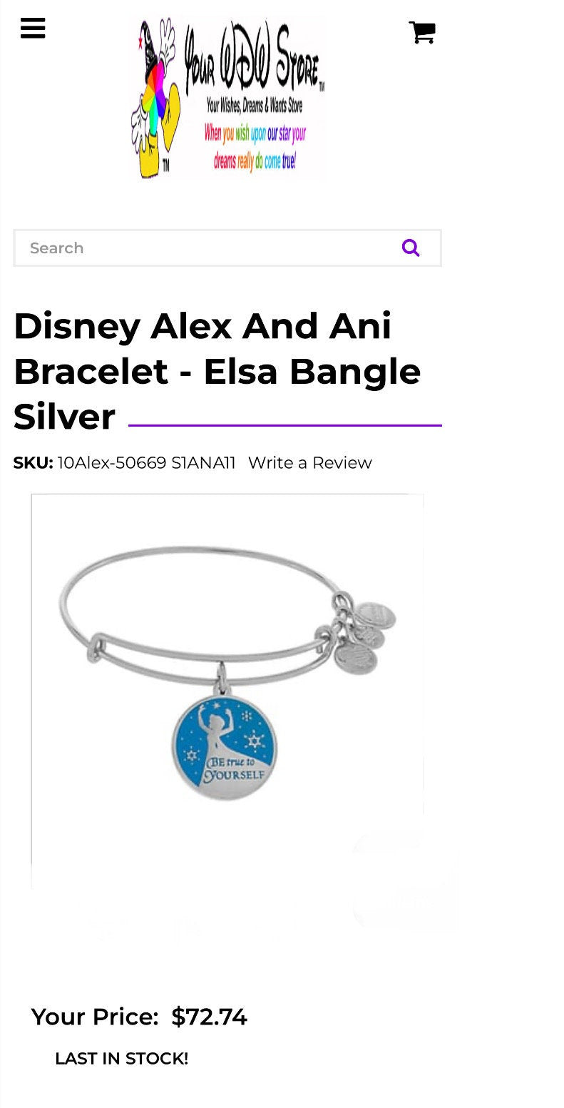 Alex and Ani - Disney Park Exclusive - Disney Princesses, Elsa Charm Bangle Bracelet Shiny Silver, Collectable, NWT + Card, Comes in Box