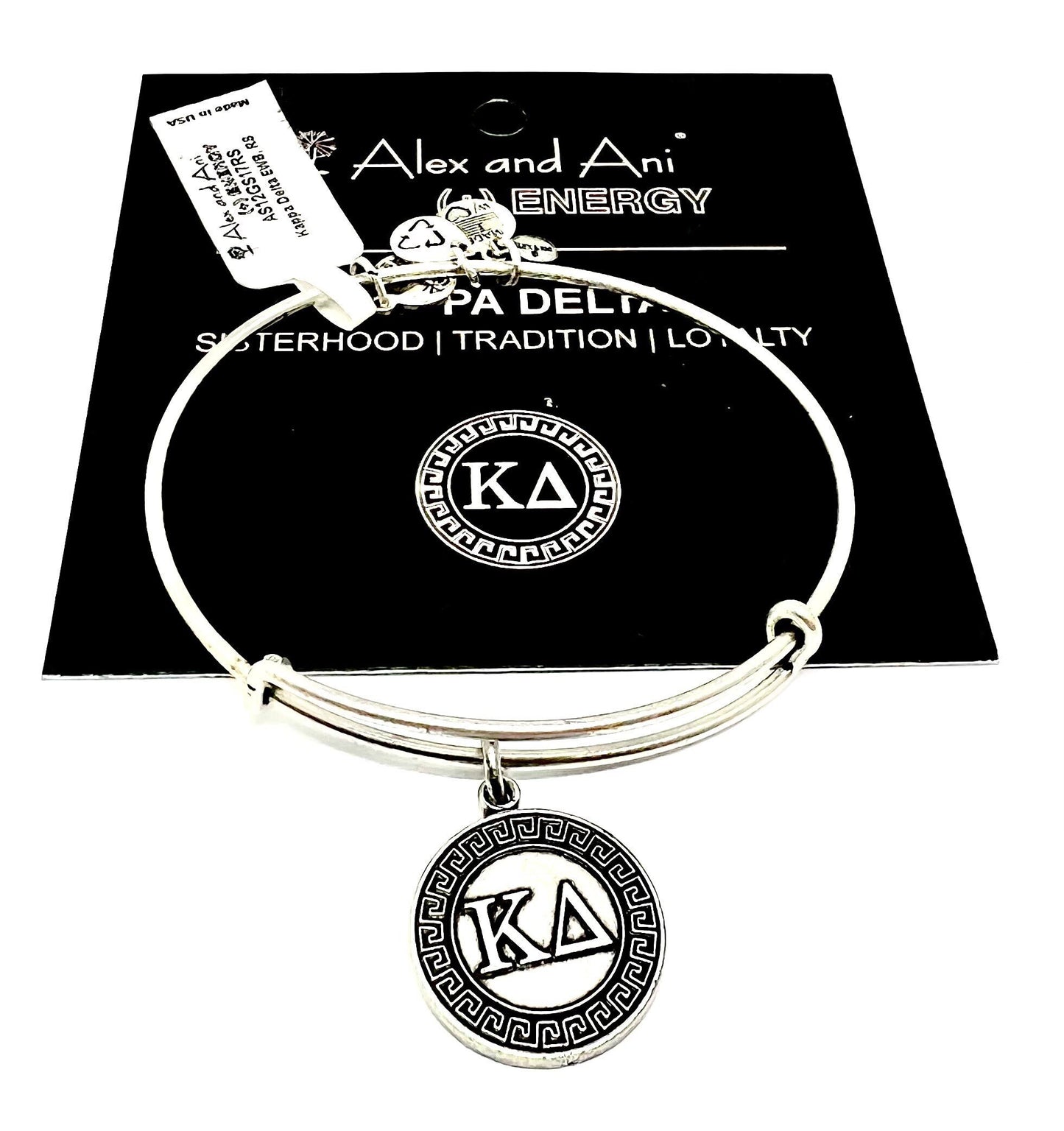 Alex and Ani - Kappa Delta Charm, Expandable Wire Bangle Rafaelian Silver, Adjustable Slide Bracelet, Sisterhood, NWT+ Card, Gift for Her